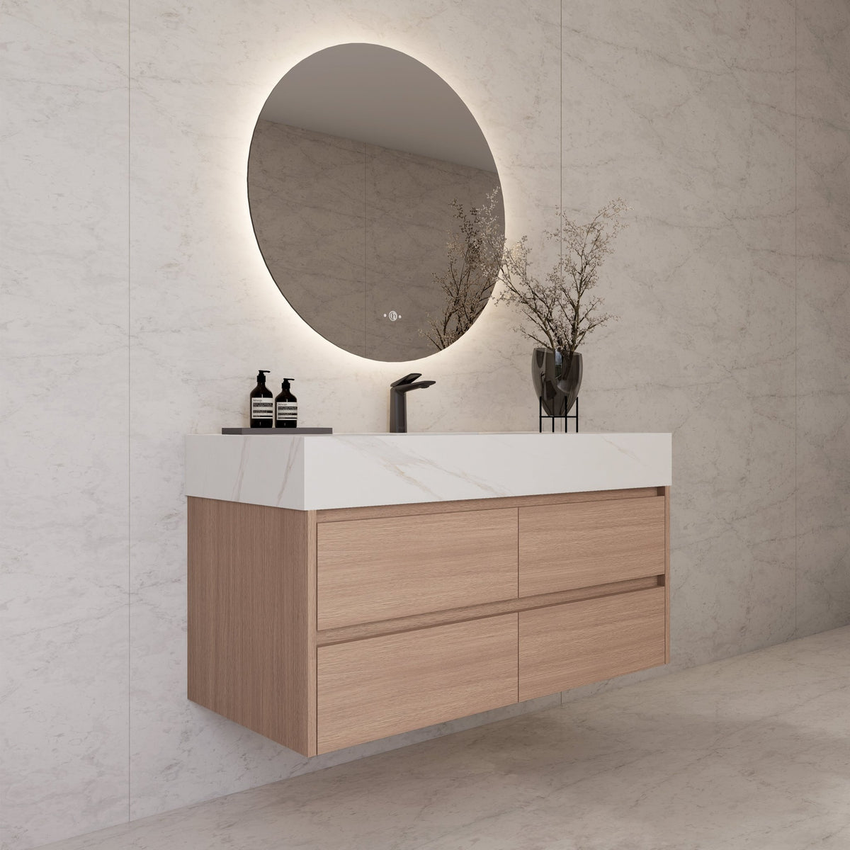 48"，60" Smoked Oak Sintered Stone Top With Four Drawer Floating Bathroom Vanity -VanitySmoked Oak