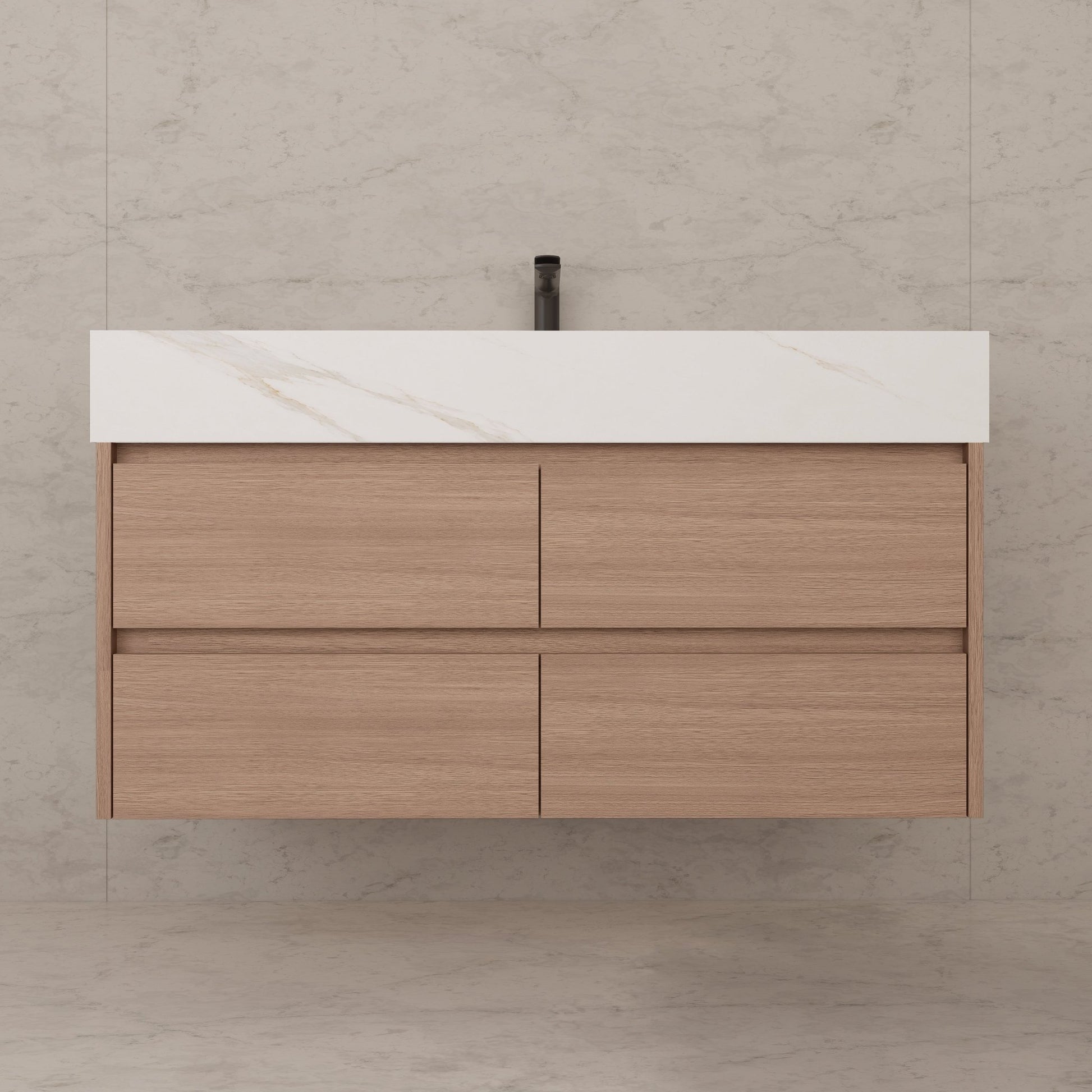 48"，60" Smoked Oak Sintered Stone Top With Four Drawer Floating Bathroom Vanity -VanitySmoked Oak