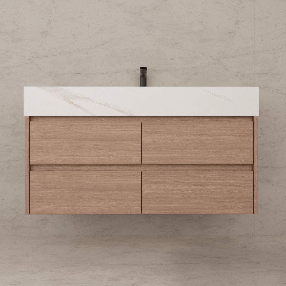 48"，60" Smoked Oak Sintered Stone Top With Four Drawer Floating Bathroom Vanity -VanitySmoked Oak