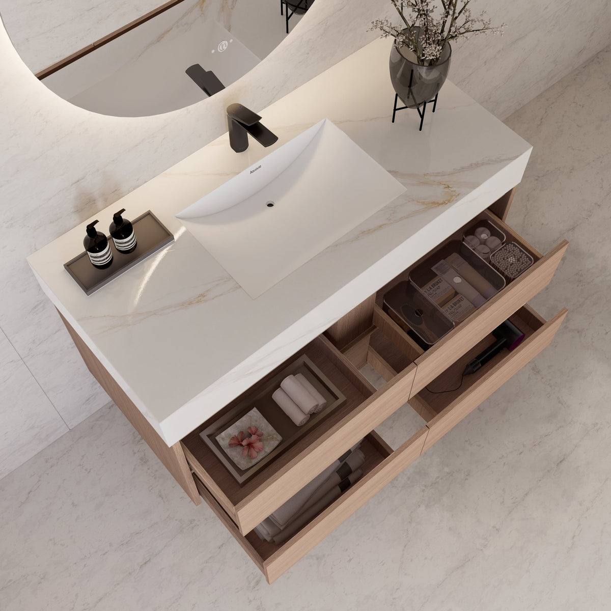 48"，60" Smoked Oak Sintered Stone Top With Four Drawer Floating Bathroom Vanity -VanitySmoked Oak