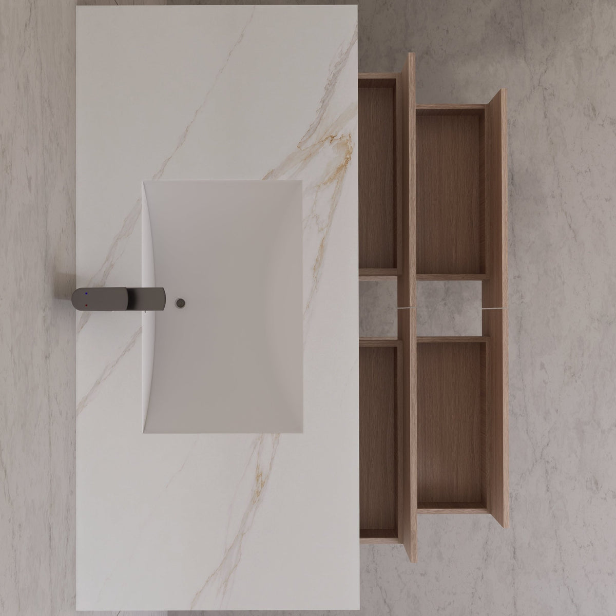 48"，60" Smoked Oak Sintered Stone Top With Four Drawer Floating Bathroom Vanity -VanitySmoked Oak