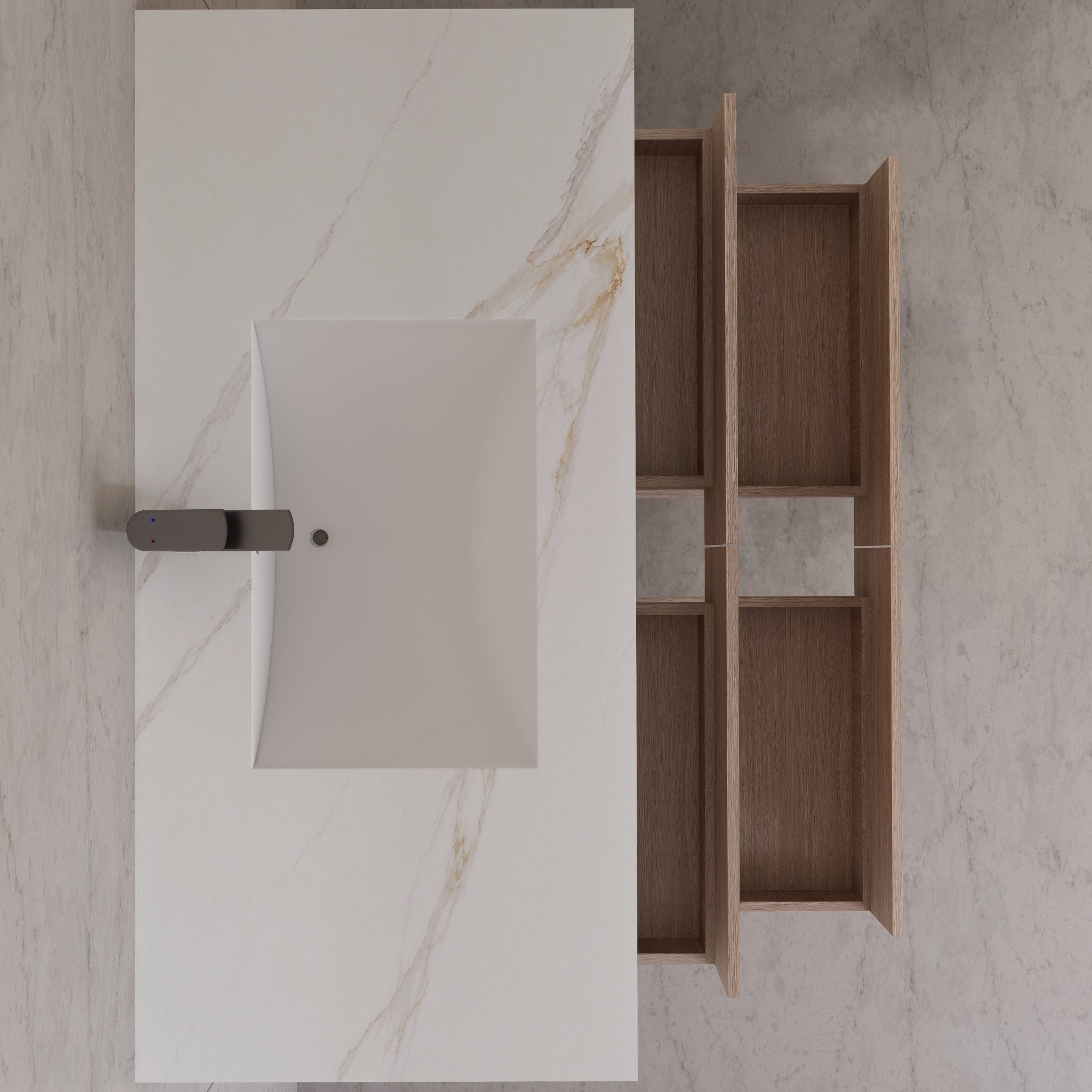 48"，60" Smoked Oak Sintered Stone Top With Four Drawer Floating Bathroom Vanity -VanitySmoked Oak