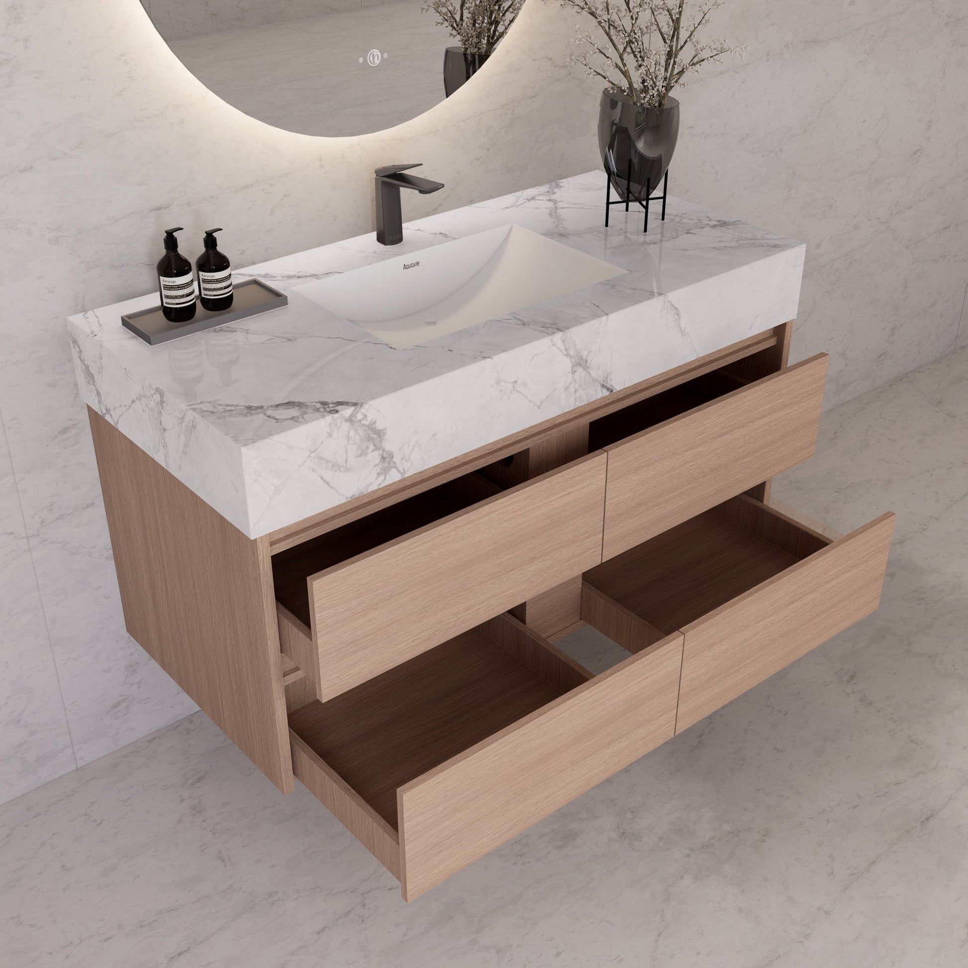 48"，60" Smoked Oak Sintered Stone Top With Four Drawer Floating Bathroom Vanity -VanitySmoked Oak