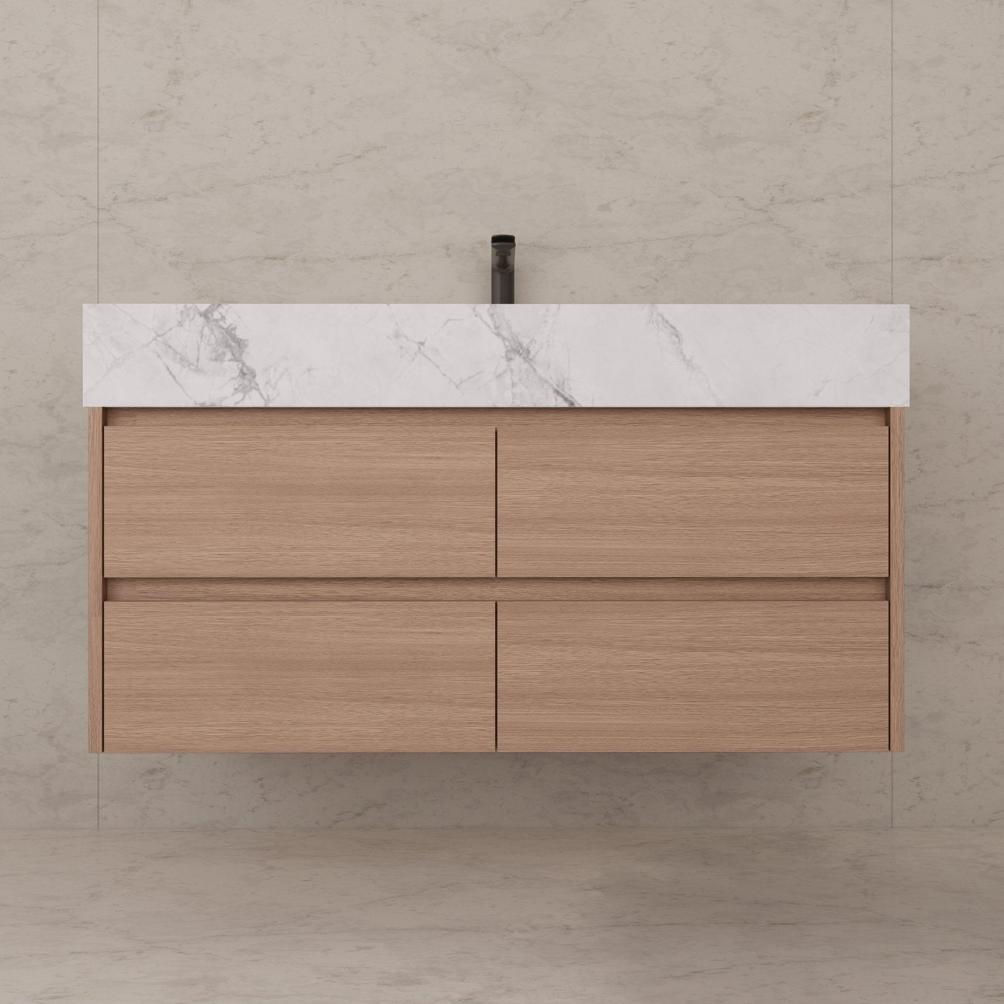48"，60" Smoked Oak Sintered Stone Top With Four Drawer Floating Bathroom Vanity -VanitySmoked Oak