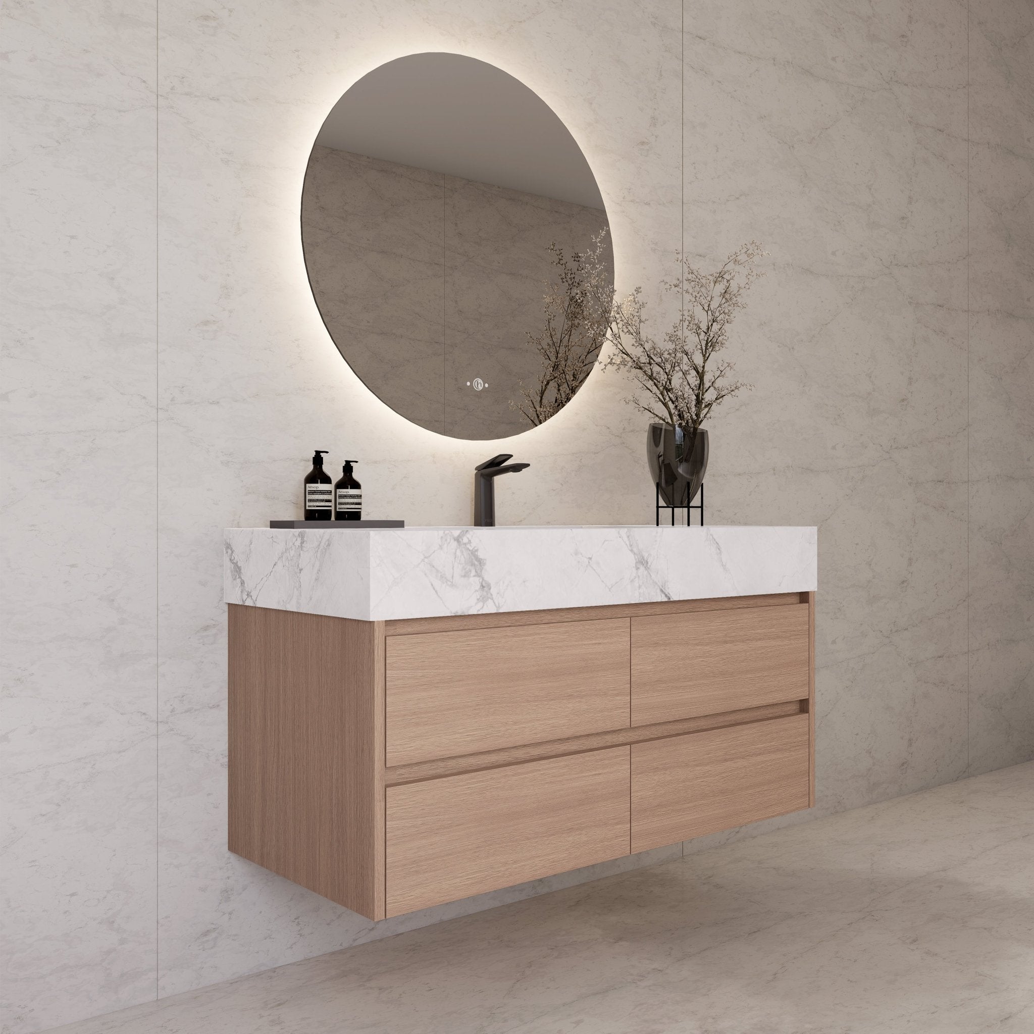 48"，60" Smoked Oak Sintered Stone Top With Four Drawer Floating Bathroom Vanity -VanitySmoked Oak
