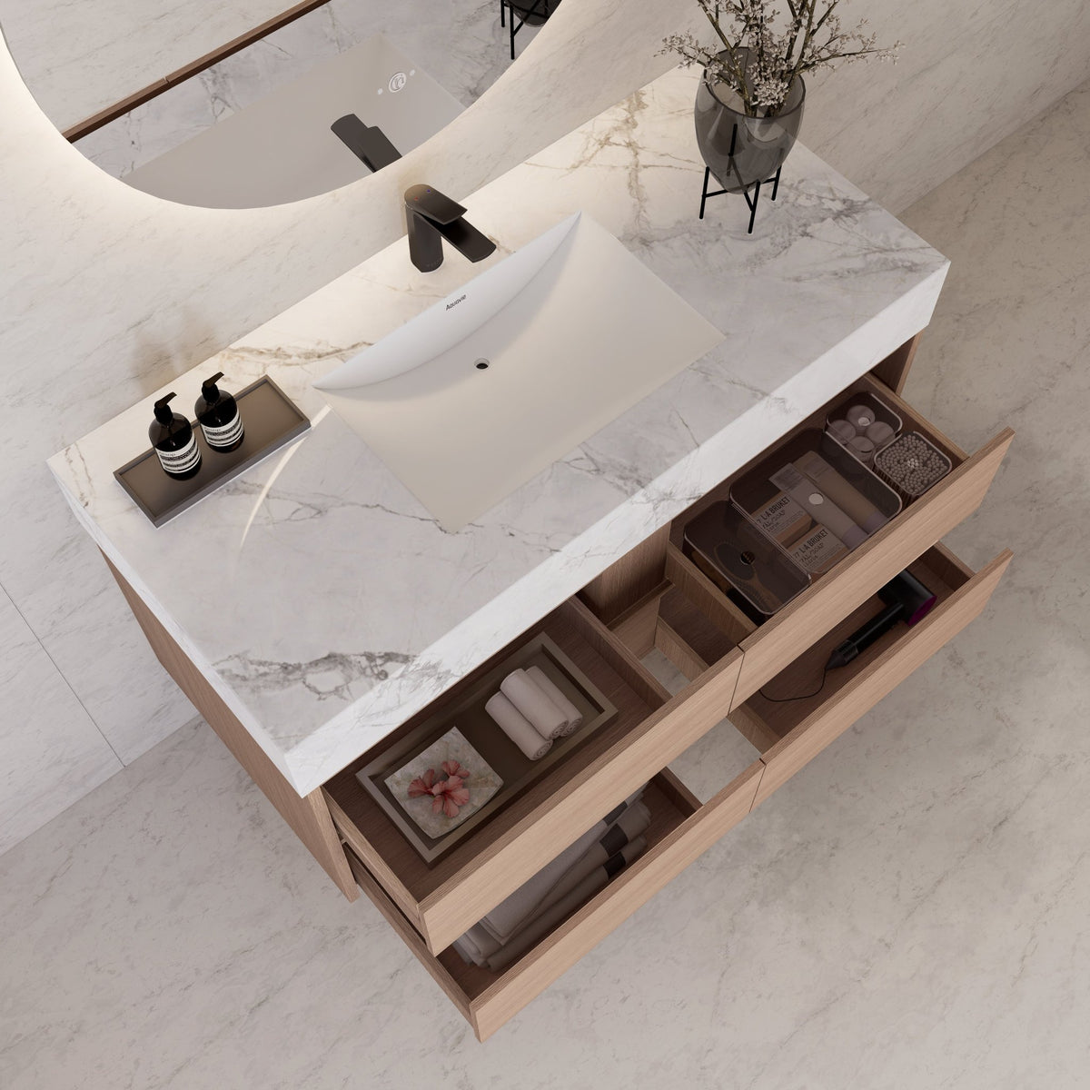 48"，60" Smoked Oak Sintered Stone Top With Four Drawer Floating Bathroom Vanity -VanitySmoked Oak