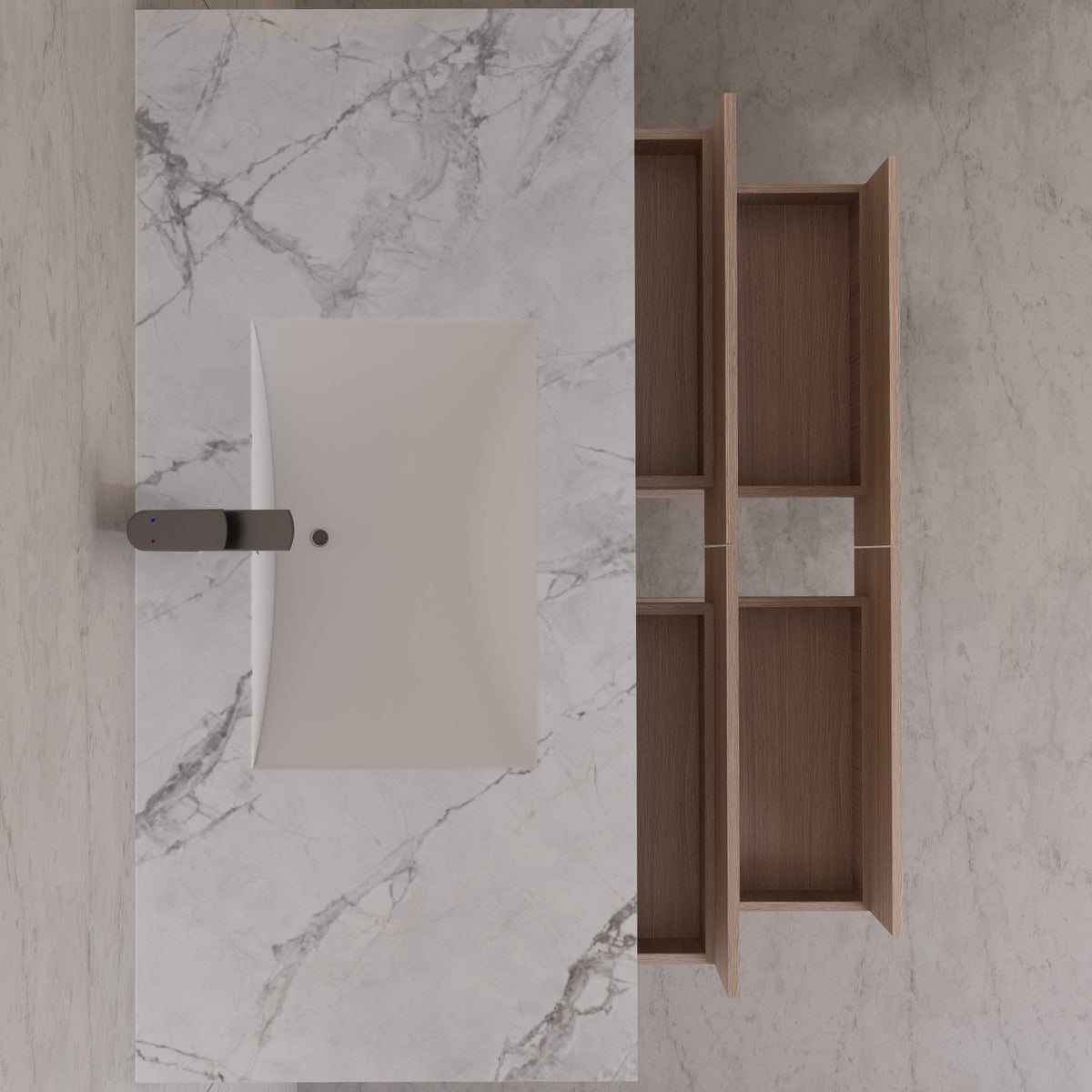 48"，60" Smoked Oak Sintered Stone Top With Four Drawer Floating Bathroom Vanity -VanitySmoked Oak