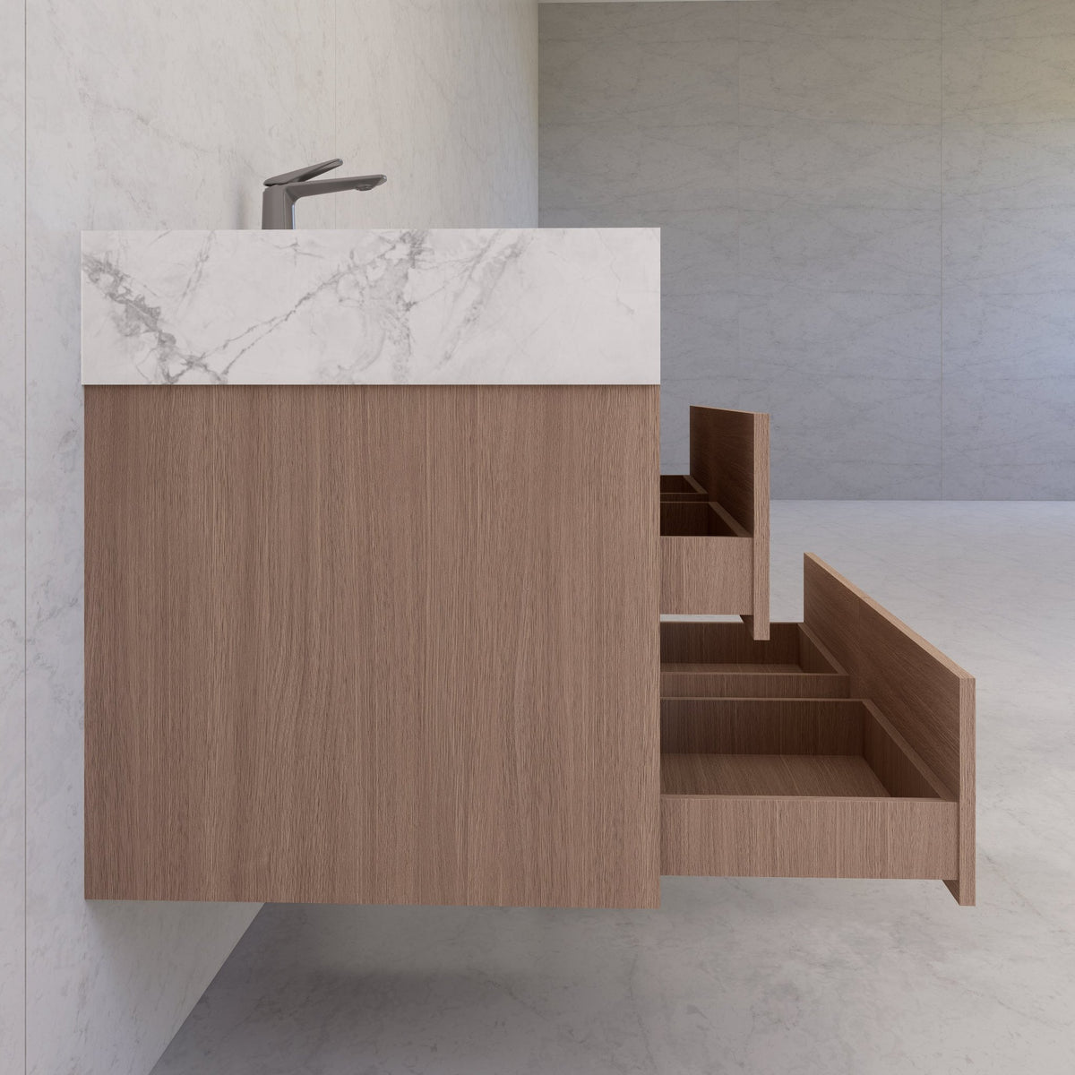 48"，60" Smoked Oak Sintered Stone Top With Four Drawer Floating Bathroom Vanity -VanitySmoked Oak