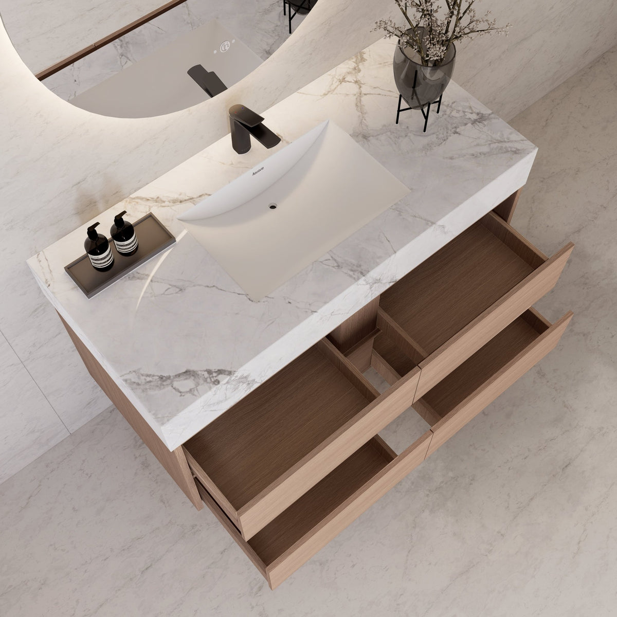 48"，60" Smoked Oak Sintered Stone Top With Four Drawer Floating Bathroom Vanity -VanitySmoked Oak