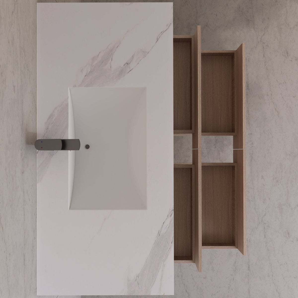 48"，60" Smoked Oak Sintered Stone Top With Four Drawer Floating Bathroom Vanity -VanitySmoked Oak