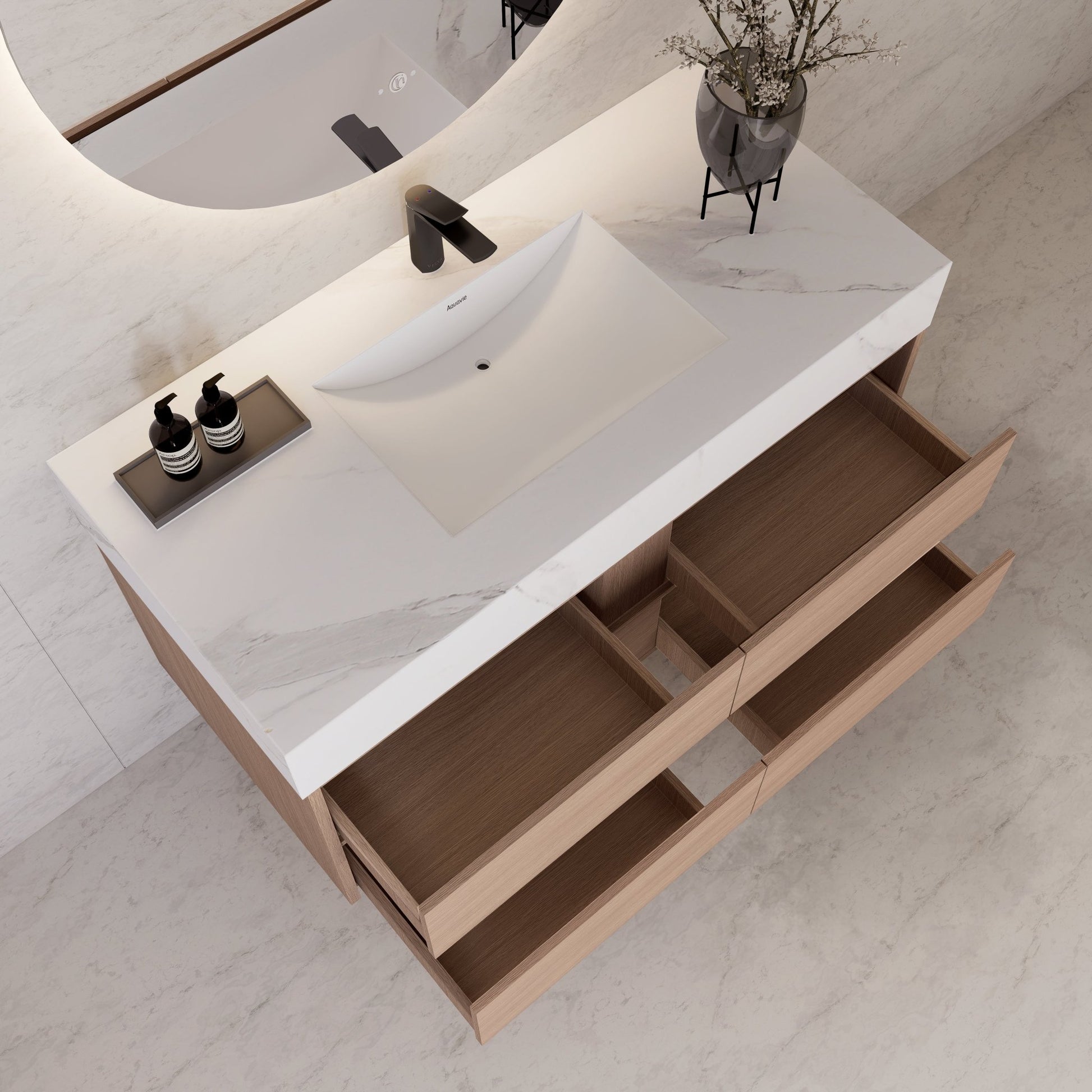 48"，60" Smoked Oak Sintered Stone Top With Four Drawer Floating Bathroom Vanity -VanitySmoked Oak