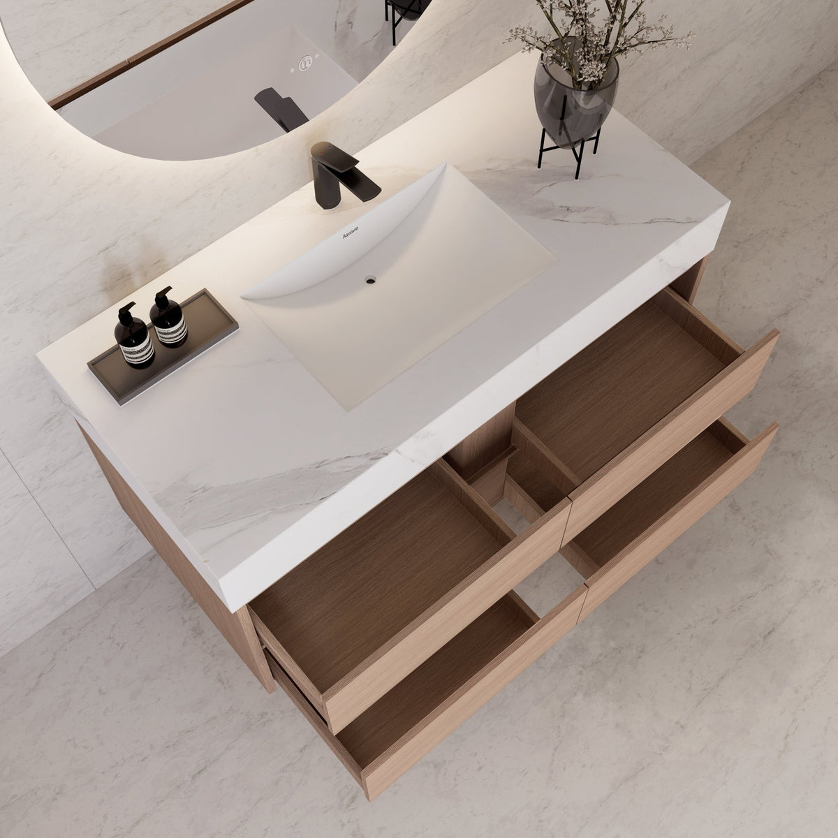 48"，60" Smoked Oak Sintered Stone Top With Four Drawer Floating Bathroom Vanity -VanitySmoked Oak