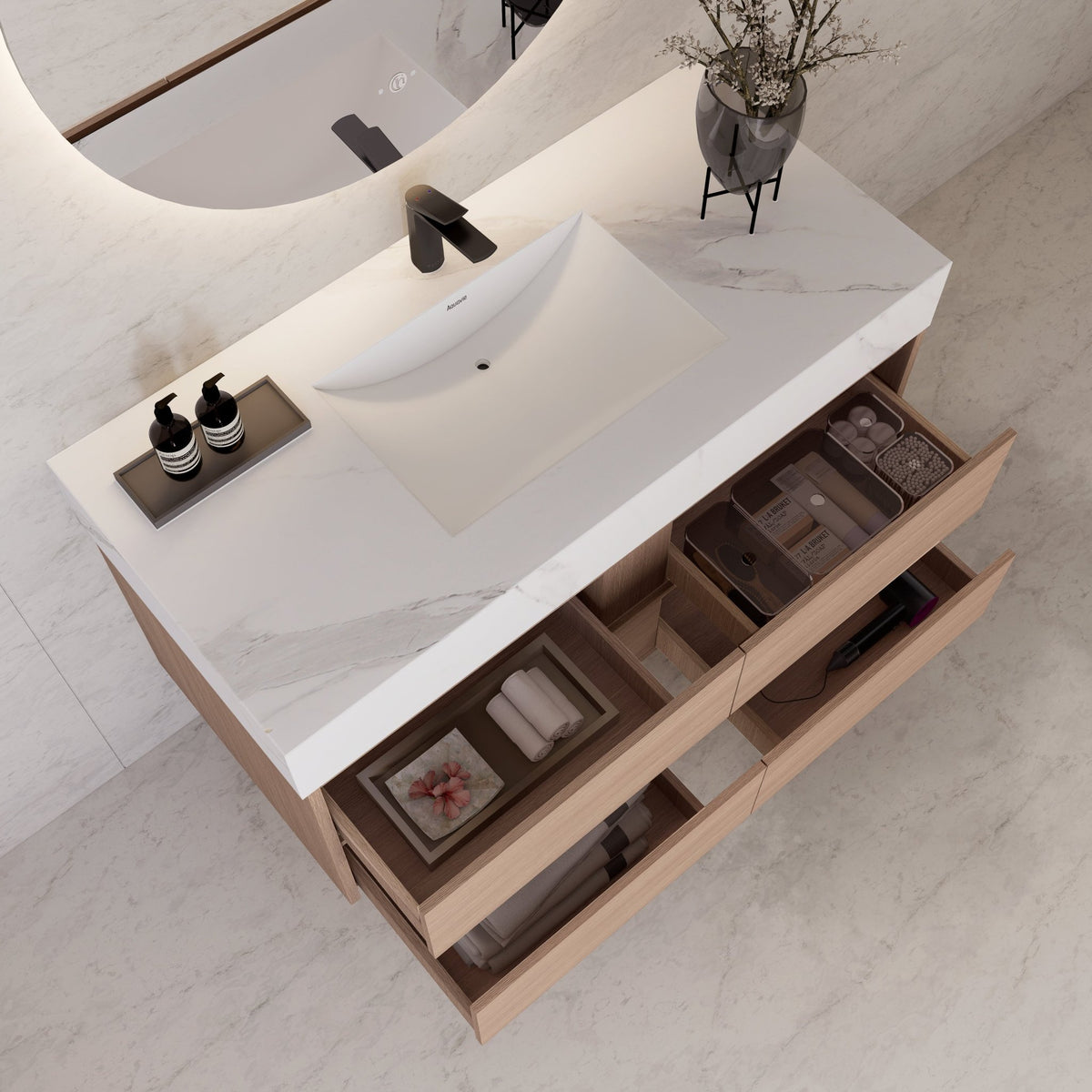 48"，60" Smoked Oak Sintered Stone Top With Four Drawer Floating Bathroom Vanity -VanitySmoked Oak