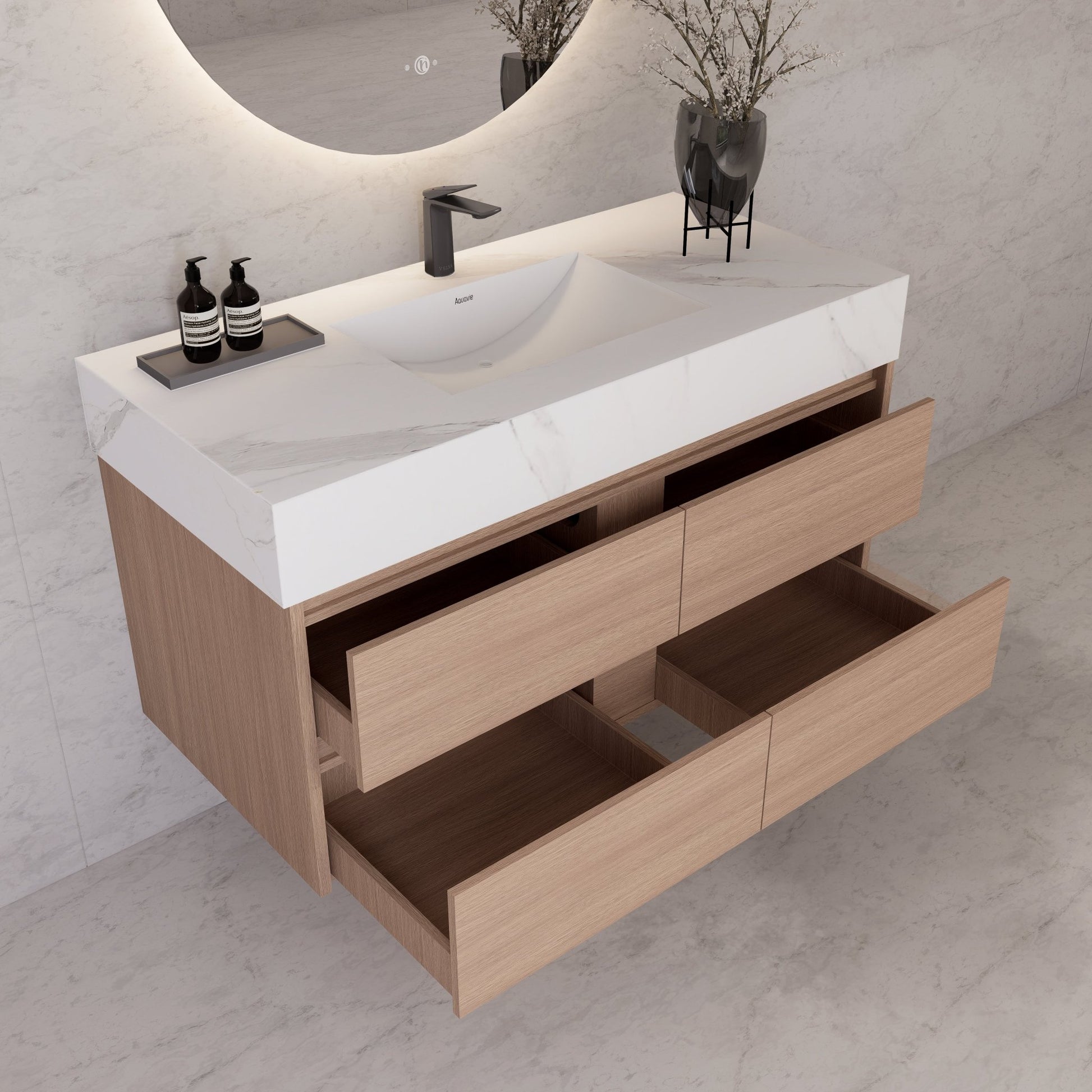 48"，60" Smoked Oak Sintered Stone Top With Four Drawer Floating Bathroom Vanity -VanitySmoked Oak