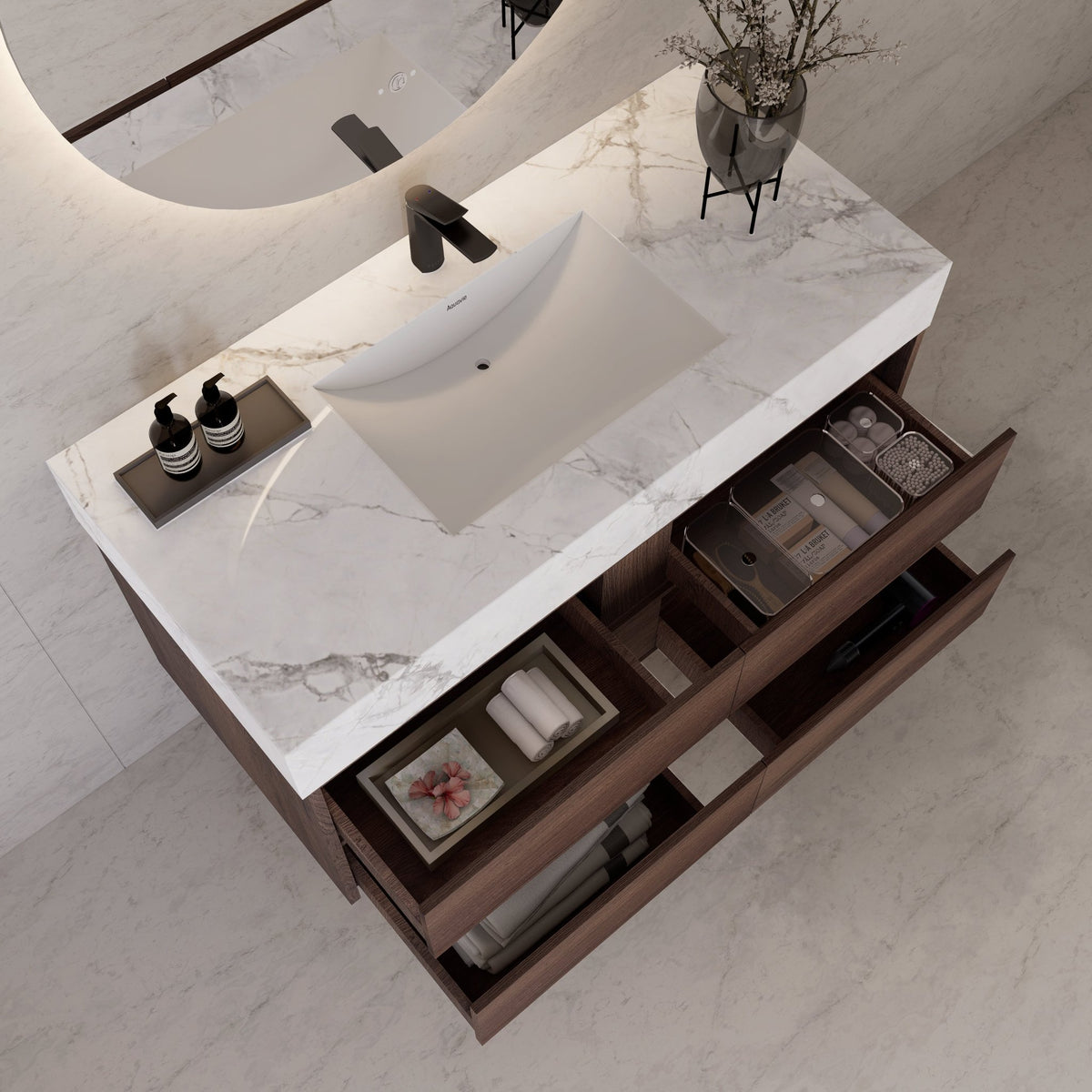 48"，60" Walnut Sintered Stone Top With Four Drawer Floating Bathroom Vanity -VanityWalnut