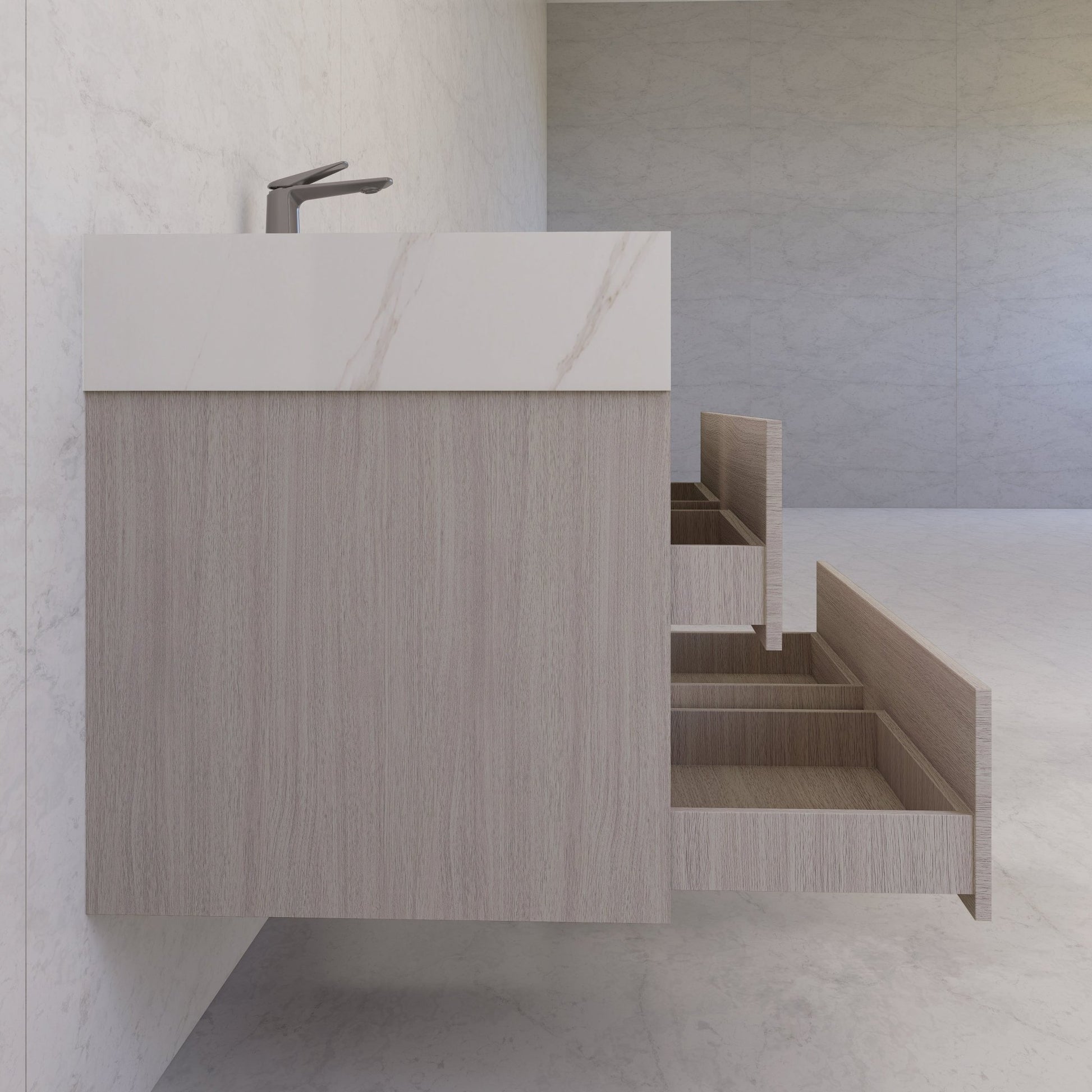 48"，60" White Grey Sintered Stone Top With Four Drawer Floating Bathroom Vanity -VanityWhite Grey