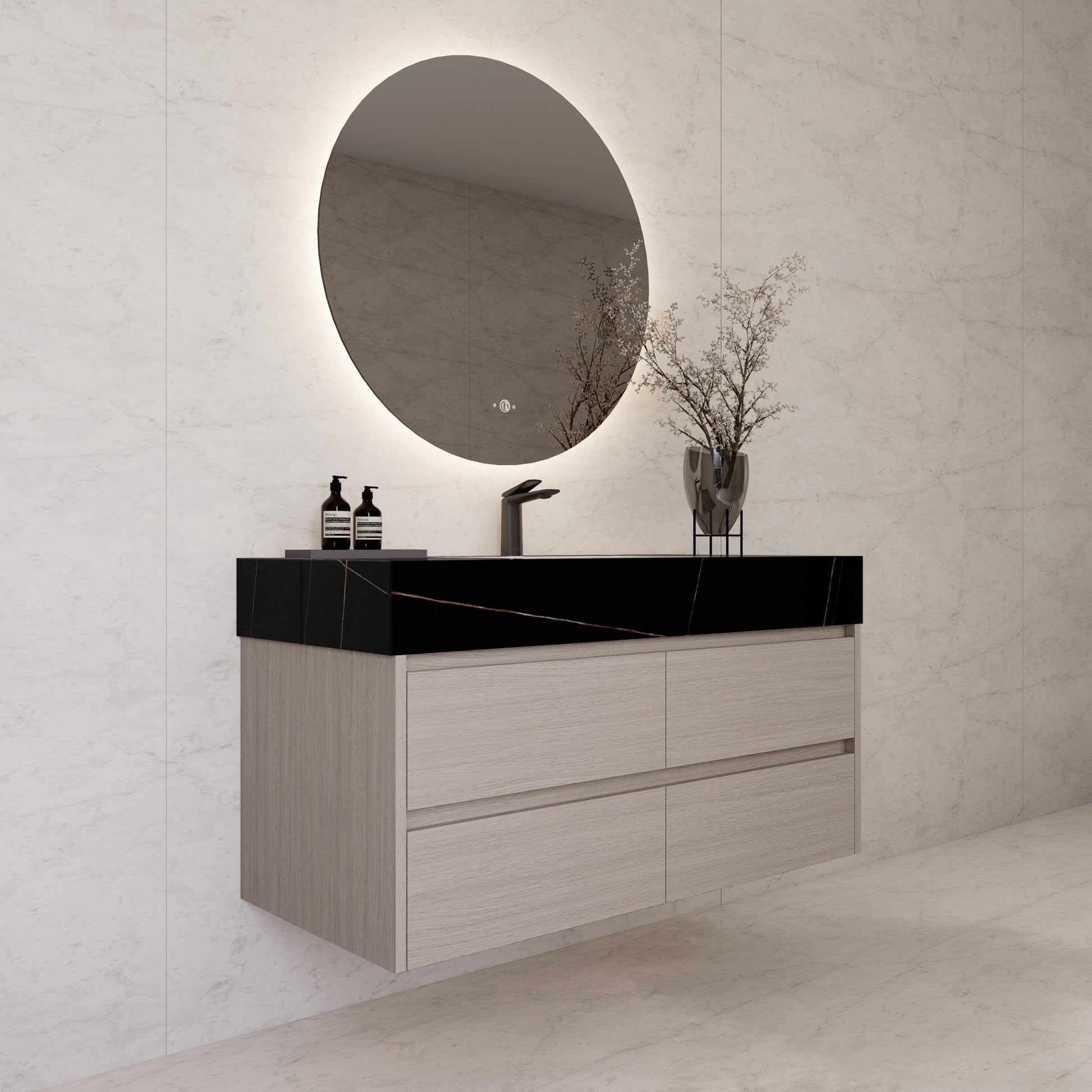 48"，60" White Grey Sintered Stone Top With Four Drawer Floating Bathroom Vanity -VanityWhite Grey