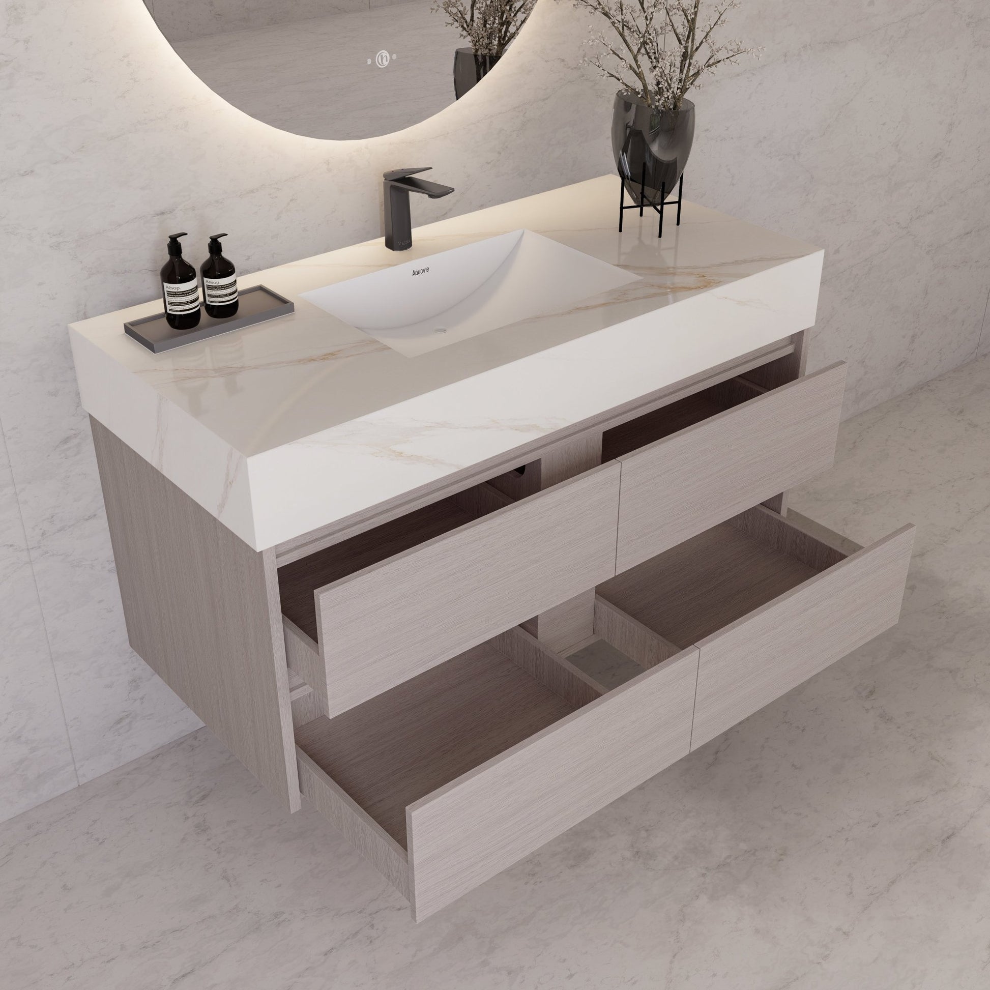 48"，60" White Grey Sintered Stone Top With Four Drawer Floating Bathroom Vanity -VanityWhite Grey