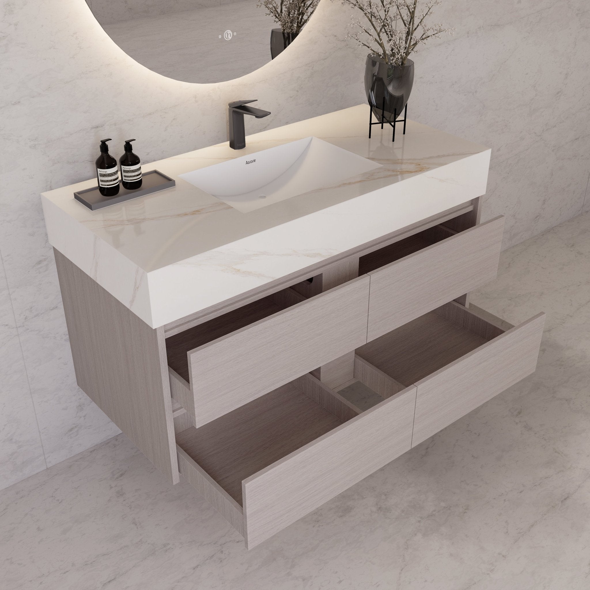 48"，60" White Grey Sintered Stone Top With Four Drawer Floating Bathroom Vanity -VanityWhite Grey