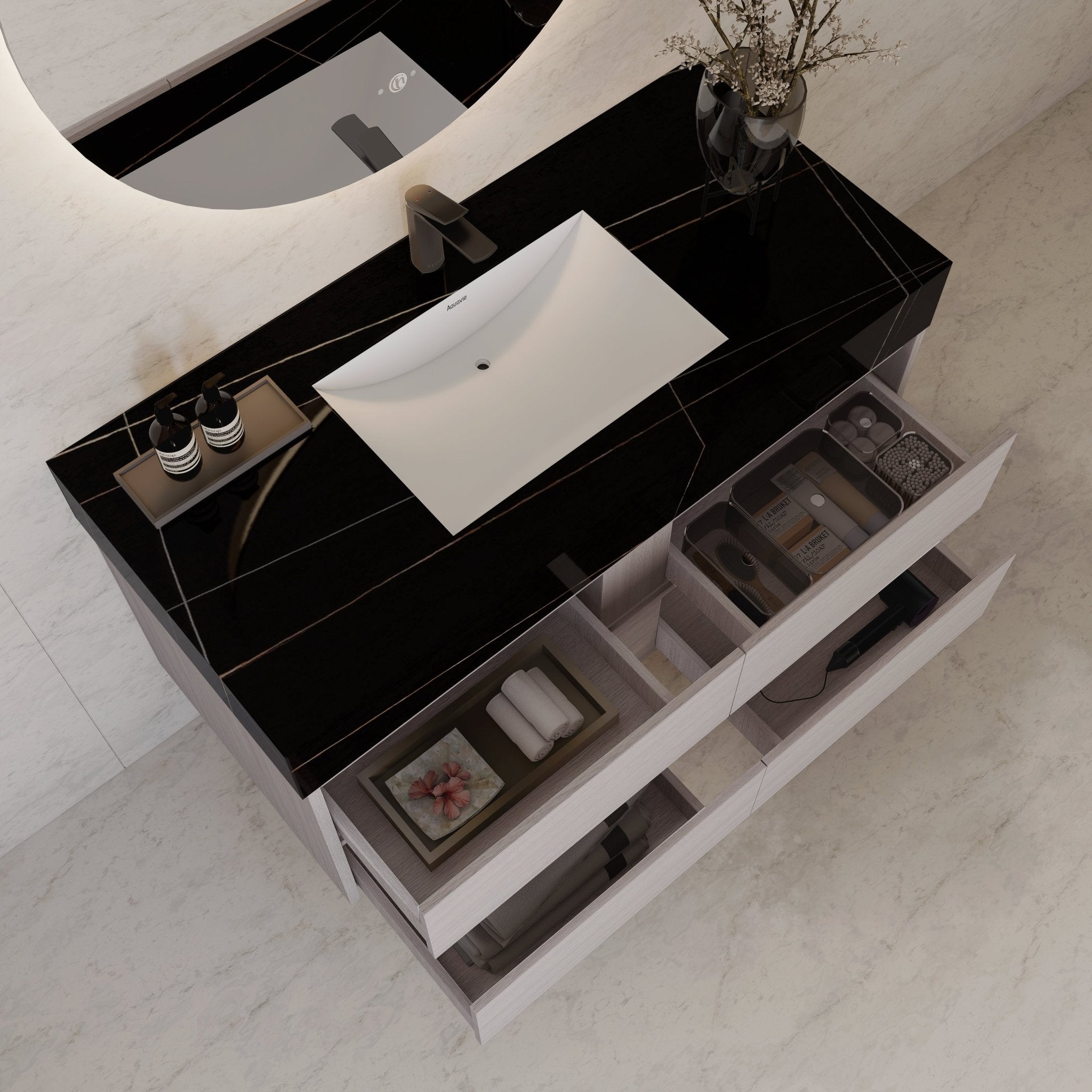 48"，60" White Grey Sintered Stone Top With Four Drawer Floating Bathroom Vanity -VanityWhite Grey