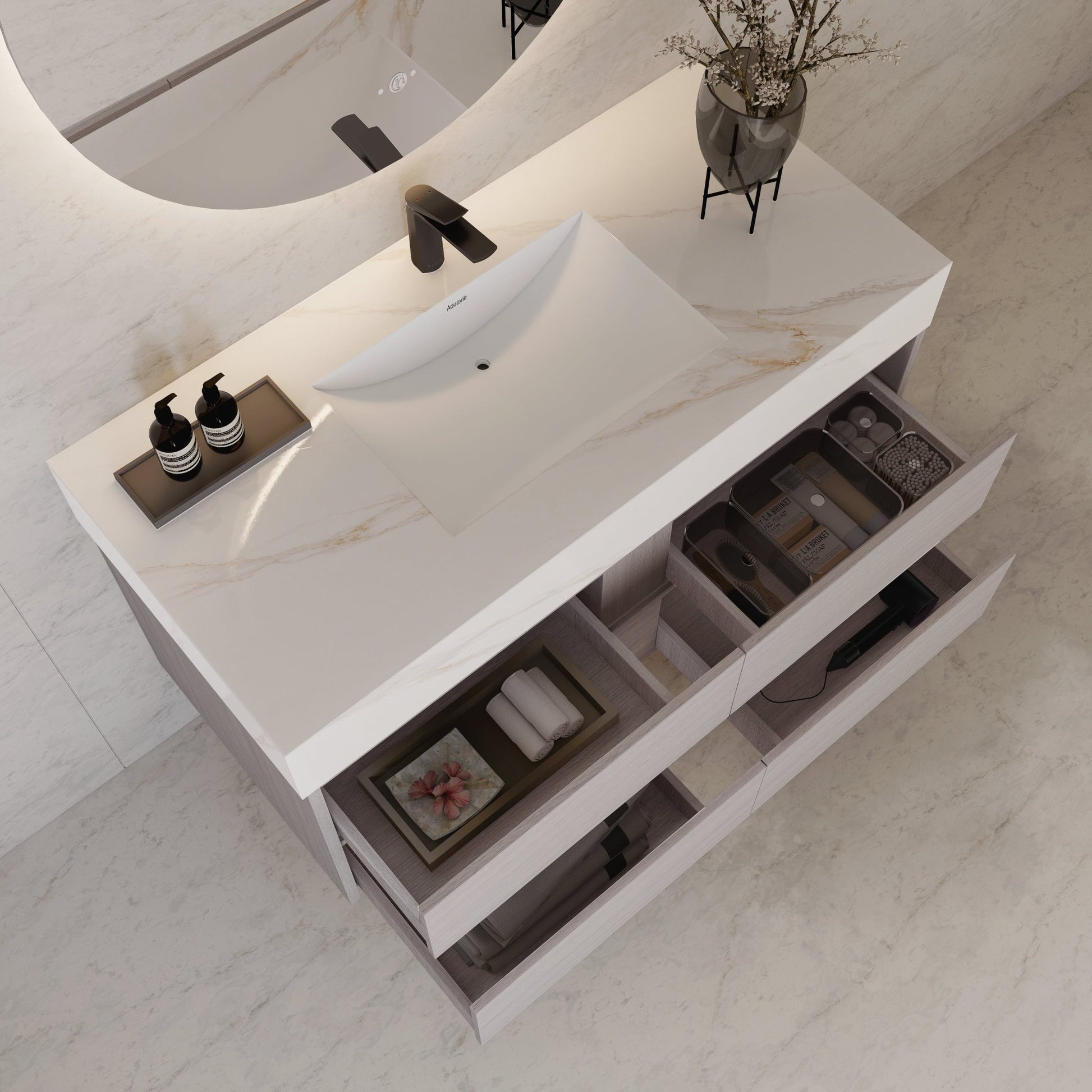 48"，60" White Grey Sintered Stone Top With Four Drawer Floating Bathroom Vanity -VanityWhite Grey