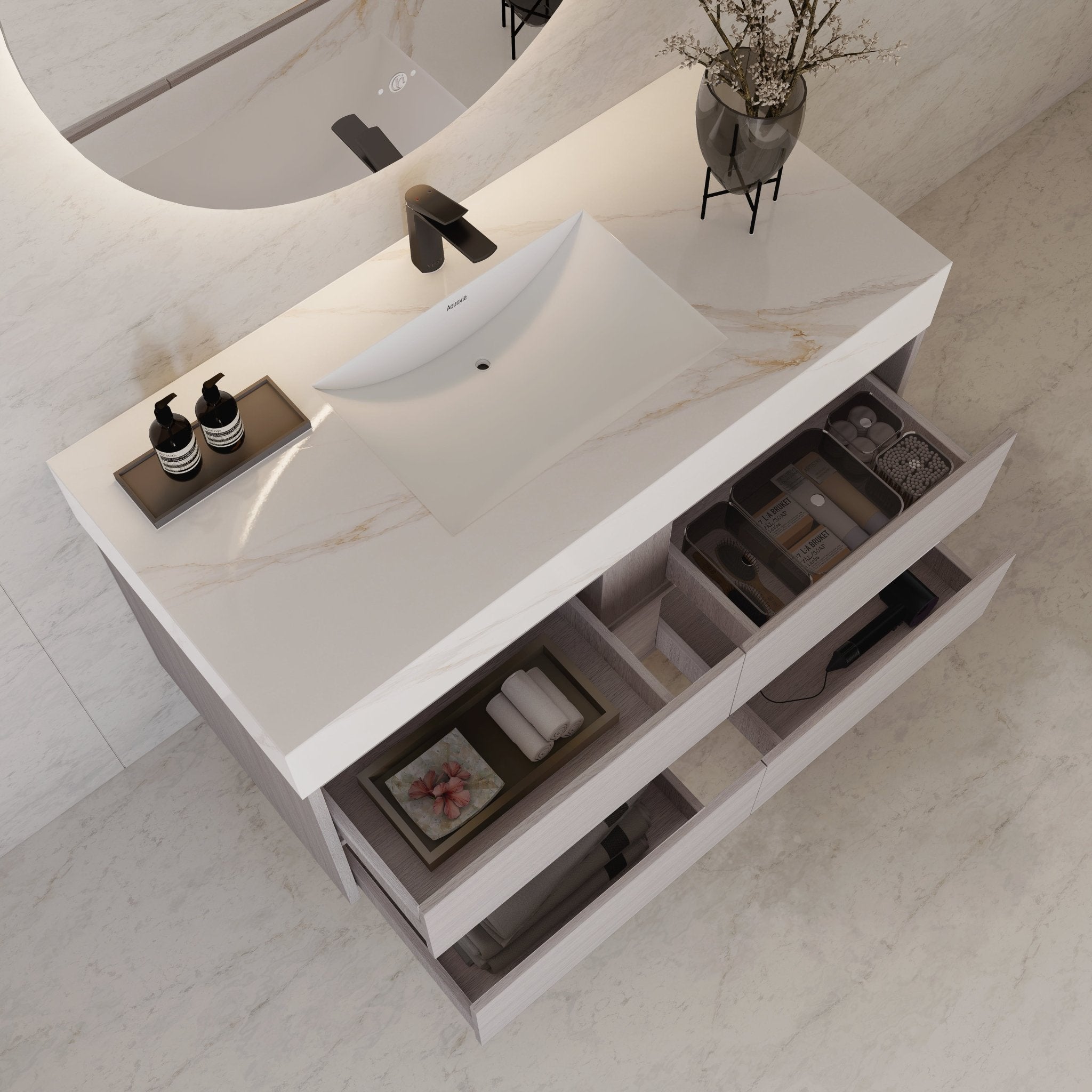 48"，60" White Grey Sintered Stone Top With Four Drawer Floating Bathroom Vanity -VanityWhite Grey