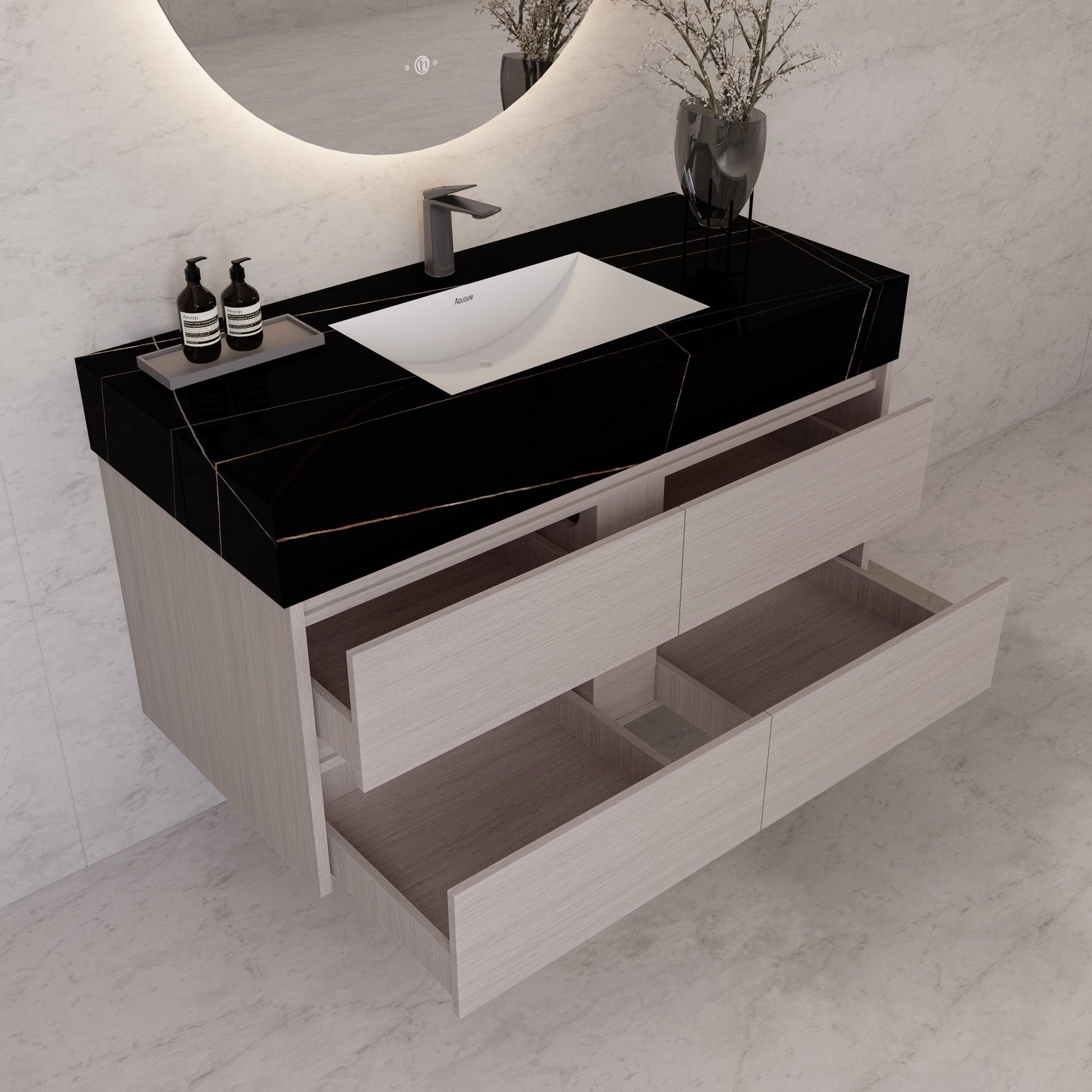 48"，60" White Grey Sintered Stone Top With Four Drawer Floating Bathroom Vanity -VanityWhite Grey