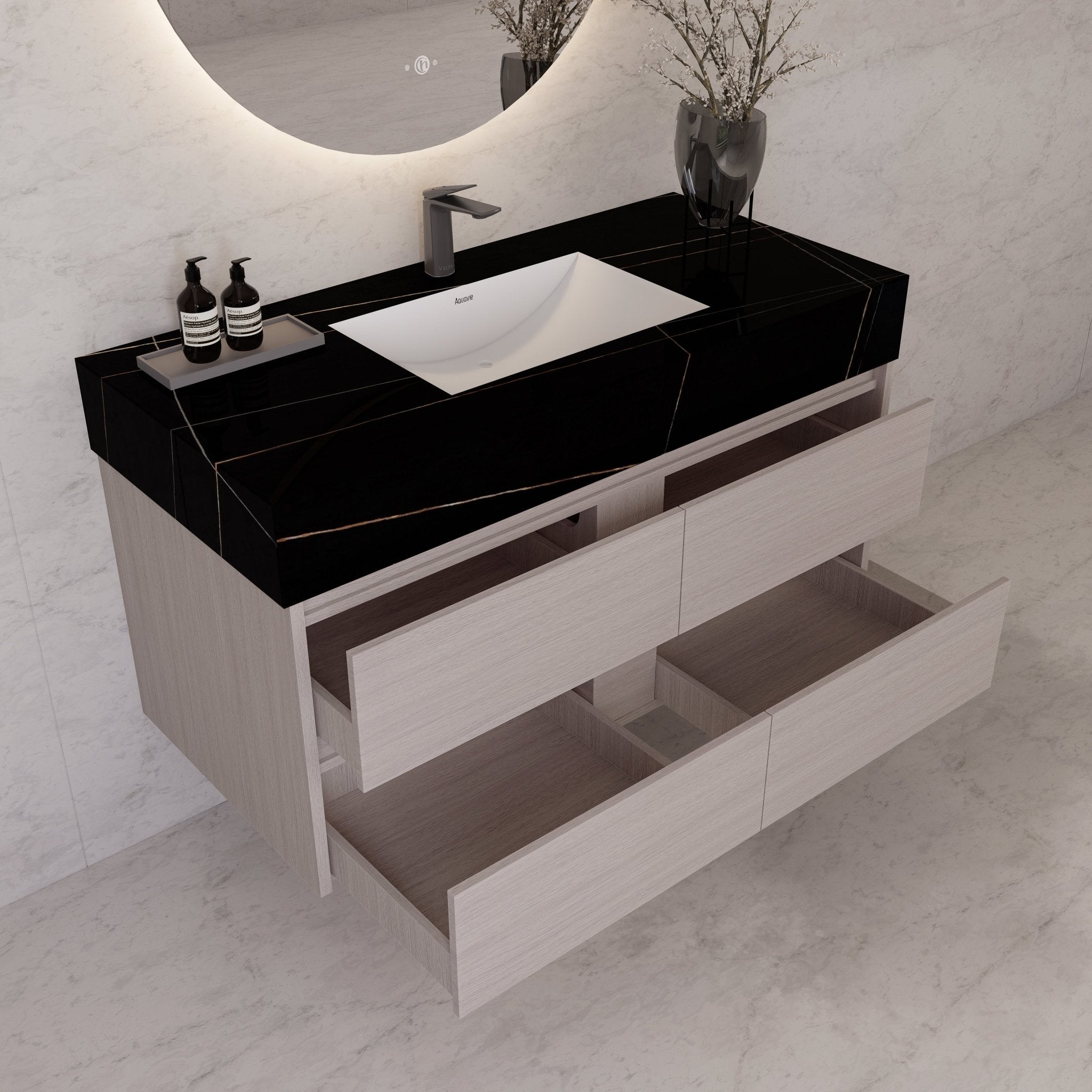 48"，60" White Grey Sintered Stone Top With Four Drawer Floating Bathroom Vanity -VanityWhite Grey