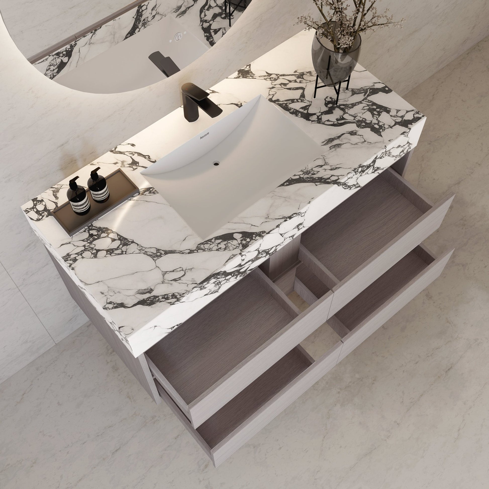 48"，60" White Grey Sintered Stone Top With Four Drawer Floating Bathroom Vanity -VanityWhite Grey