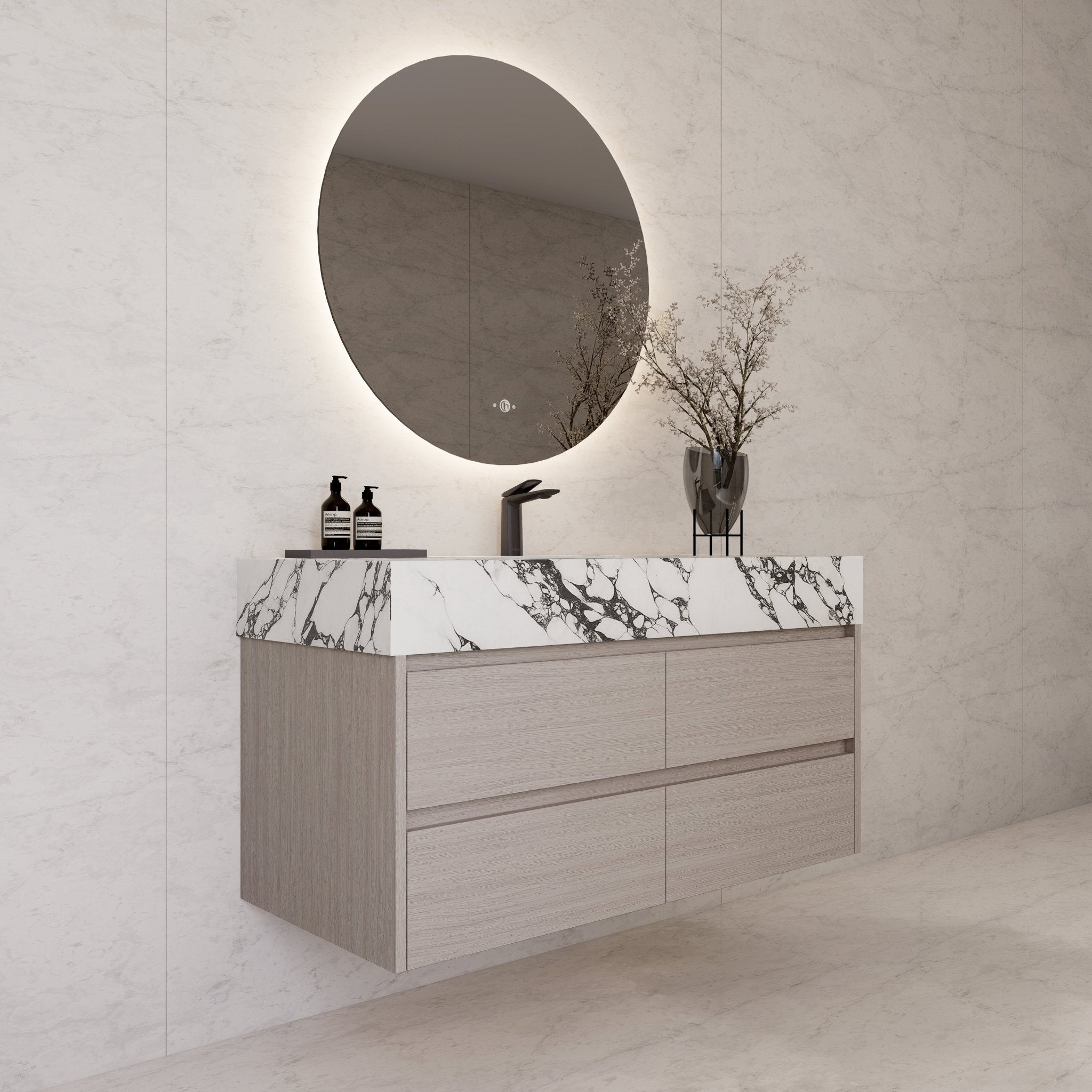 48"，60" White Grey Sintered Stone Top With Four Drawer Floating Bathroom Vanity -VanityWhite Grey