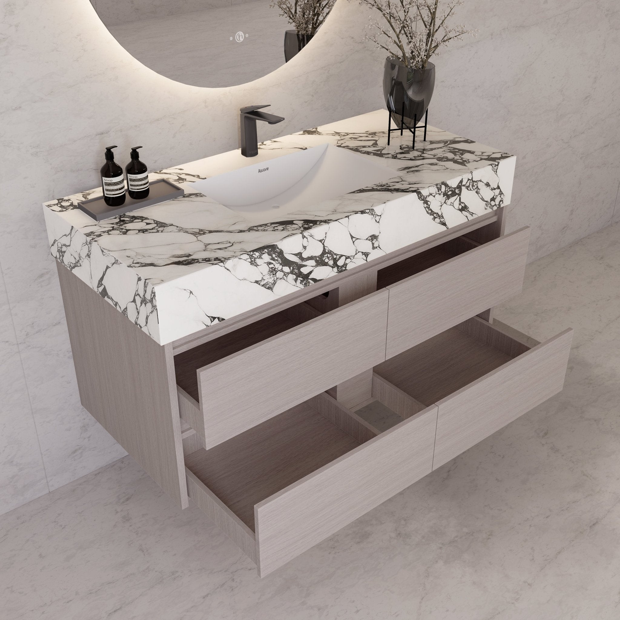48"，60" White Grey Sintered Stone Top With Four Drawer Floating Bathroom Vanity -VanityWhite Grey