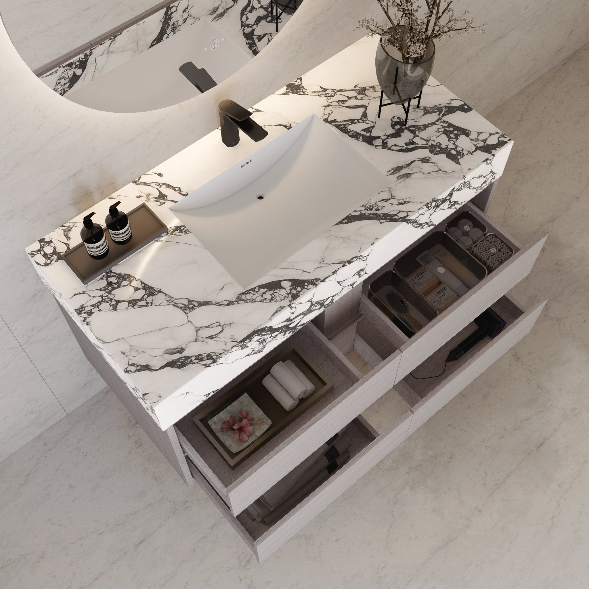 48"，60" White Grey Sintered Stone Top With Four Drawer Floating Bathroom Vanity -VanityWhite Grey