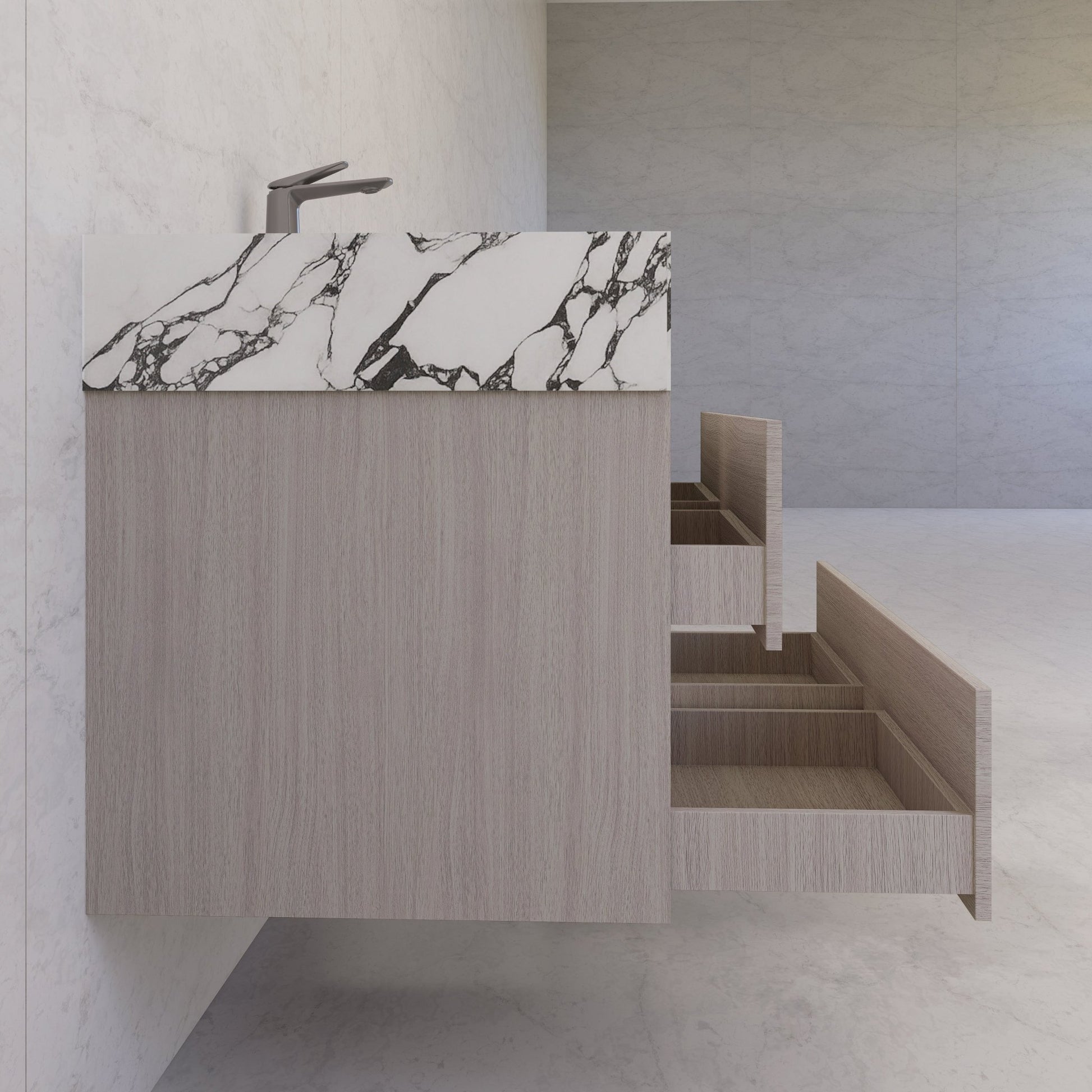 48"，60" White Grey Sintered Stone Top With Four Drawer Floating Bathroom Vanity -VanityWhite Grey