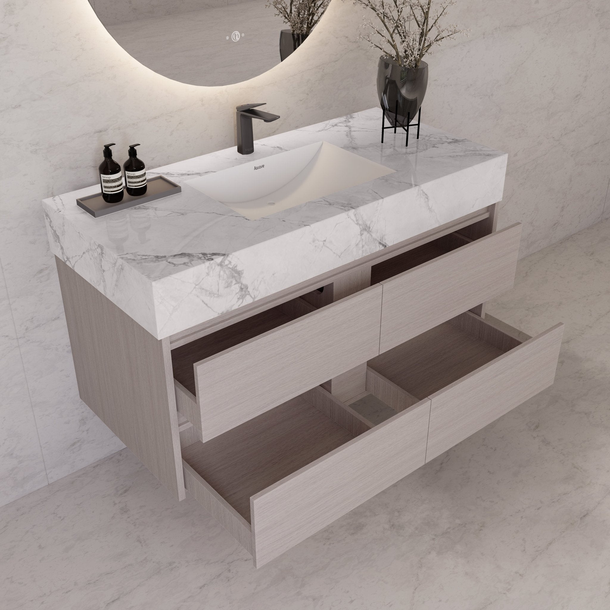48"，60" White Grey Sintered Stone Top With Four Drawer Floating Bathroom Vanity -VanityWhite Grey
