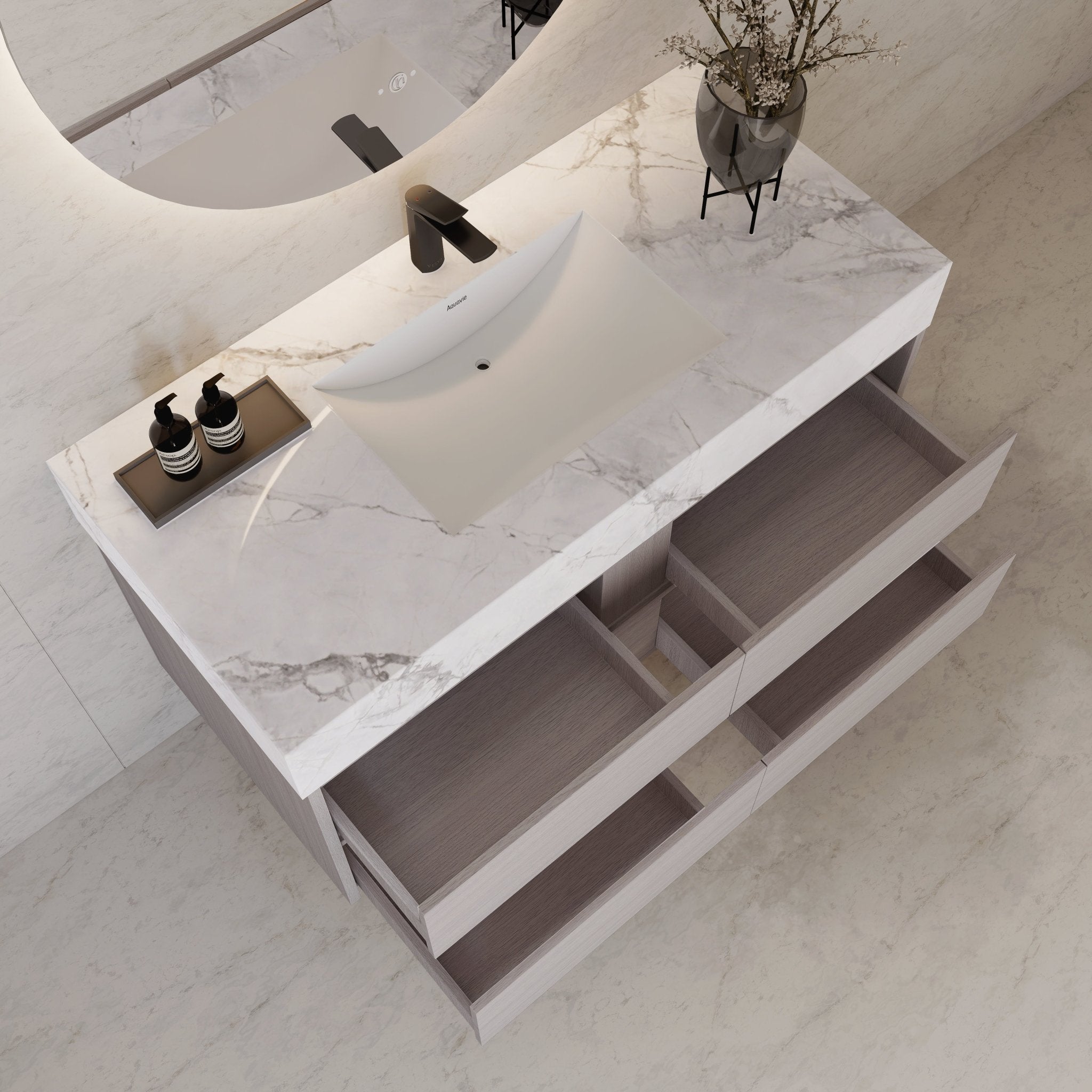 48"，60" White Grey Sintered Stone Top With Four Drawer Floating Bathroom Vanity -VanityWhite Grey