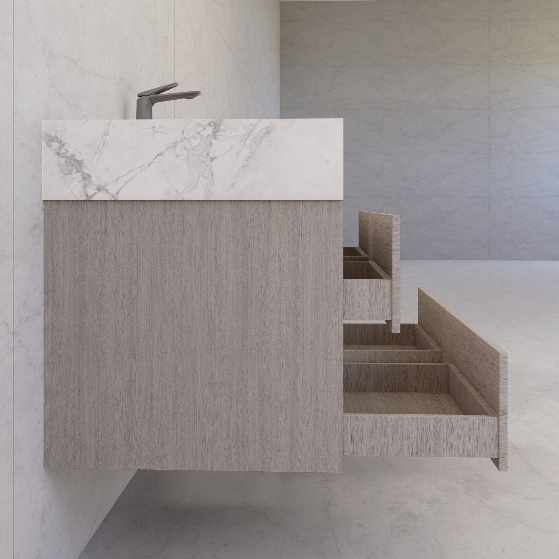 48"，60" White Grey Sintered Stone Top With Four Drawer Floating Bathroom Vanity -VanityWhite Grey