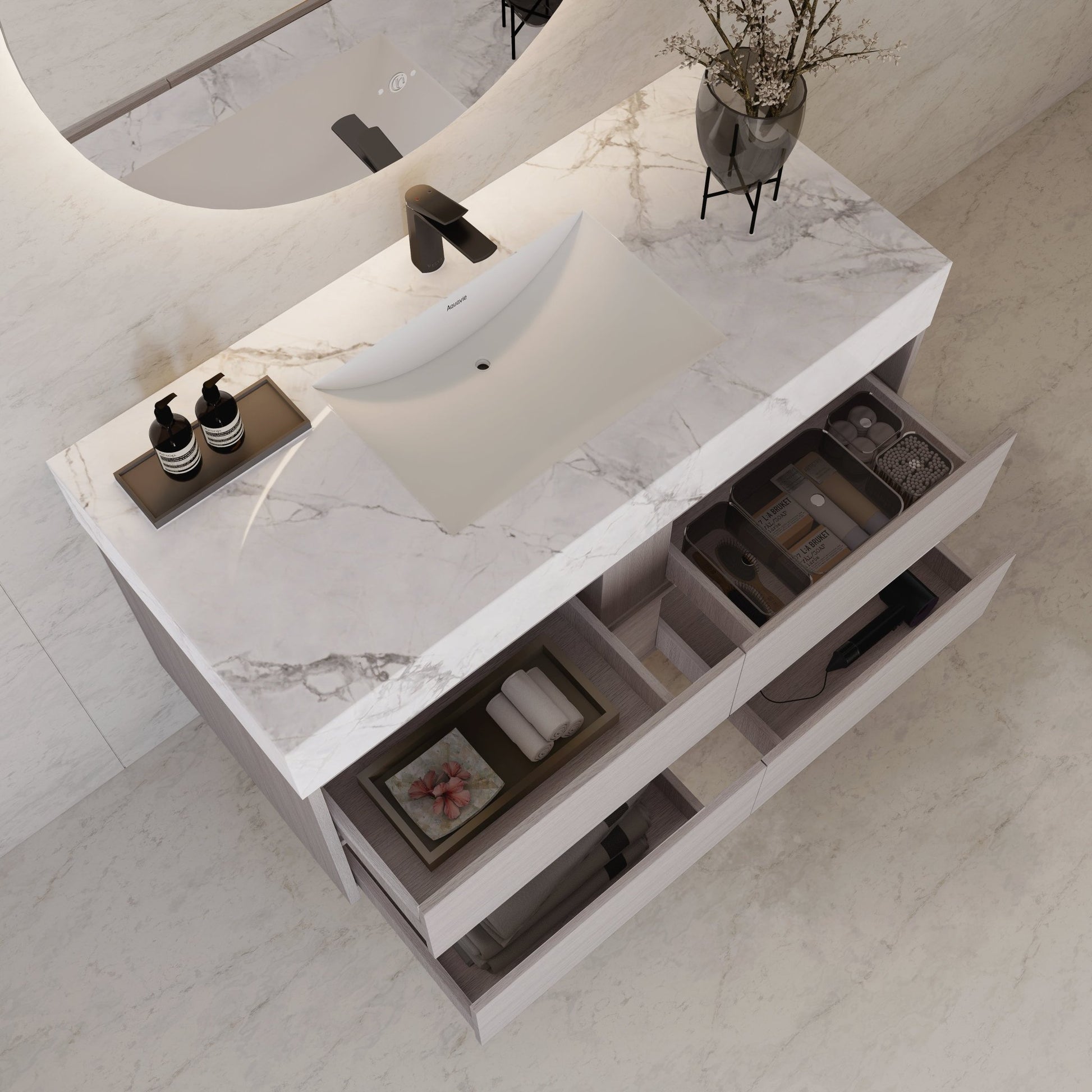 48"，60" White Grey Sintered Stone Top With Four Drawer Floating Bathroom Vanity -VanityWhite Grey