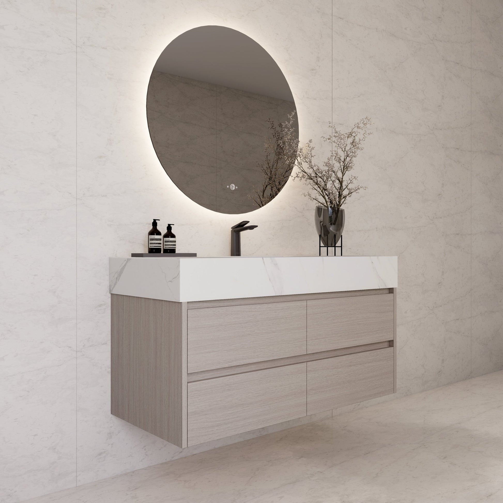48"，60" White Grey Sintered Stone Top With Four Drawer Floating Bathroom Vanity -VanityWhite Grey