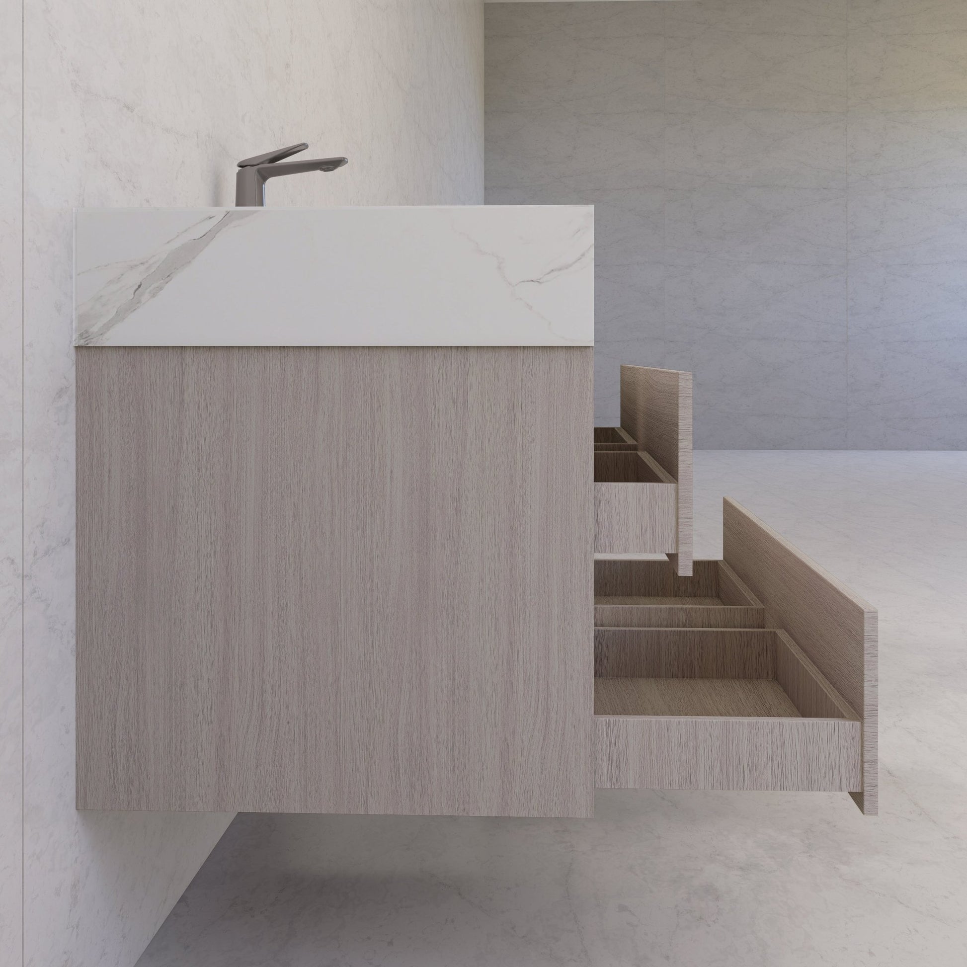 48"，60" White Grey Sintered Stone Top With Four Drawer Floating Bathroom Vanity -VanityWhite Grey