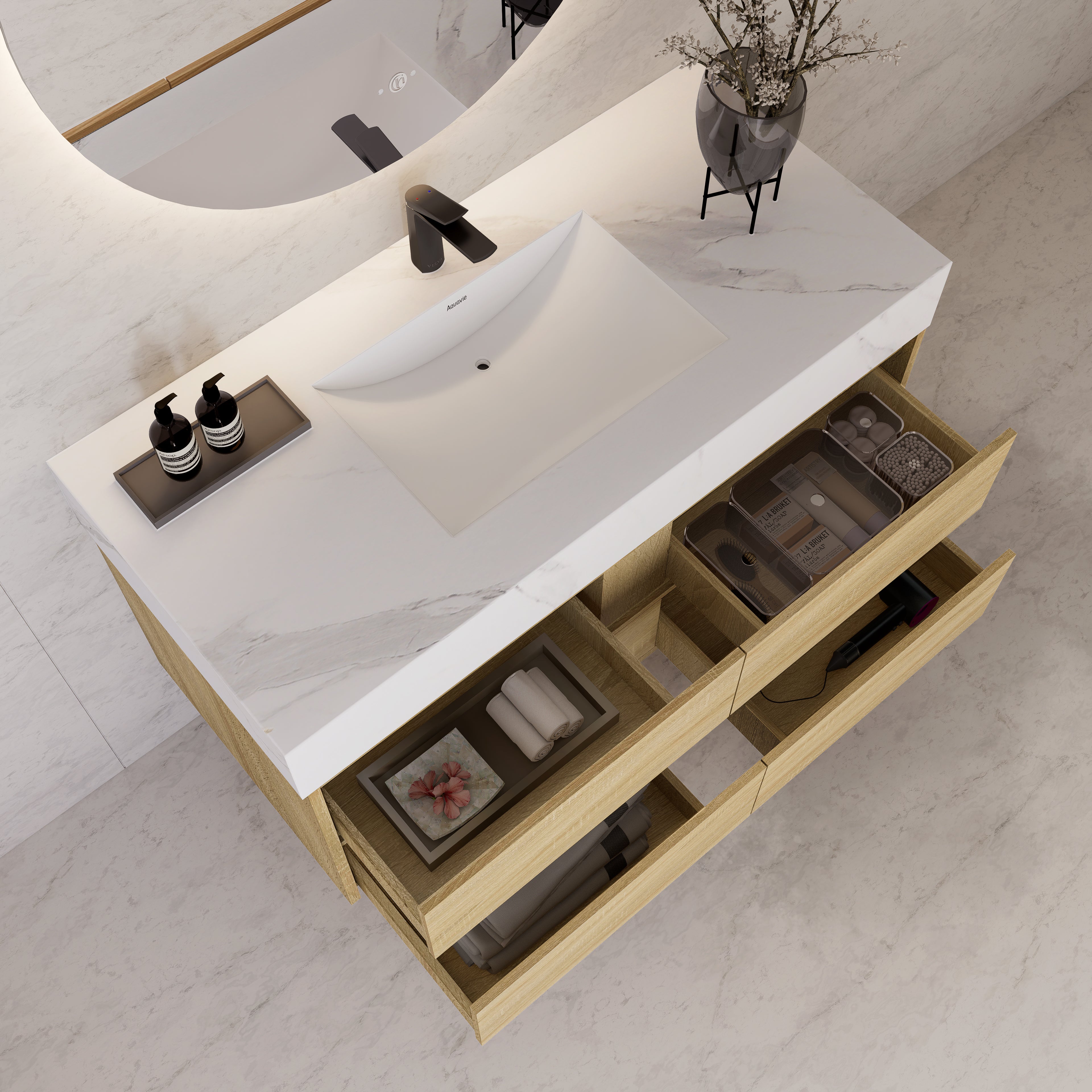 48"，60" Light Oak Sintered Stone Top With Four Drawer Floating Bathroom Vanity