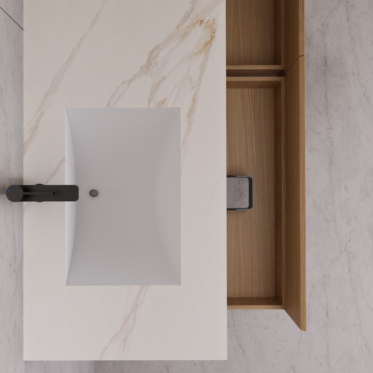 Meuble-lavabo flottant simple de 60 po / 71 po avec dessus en pierre et vasque double