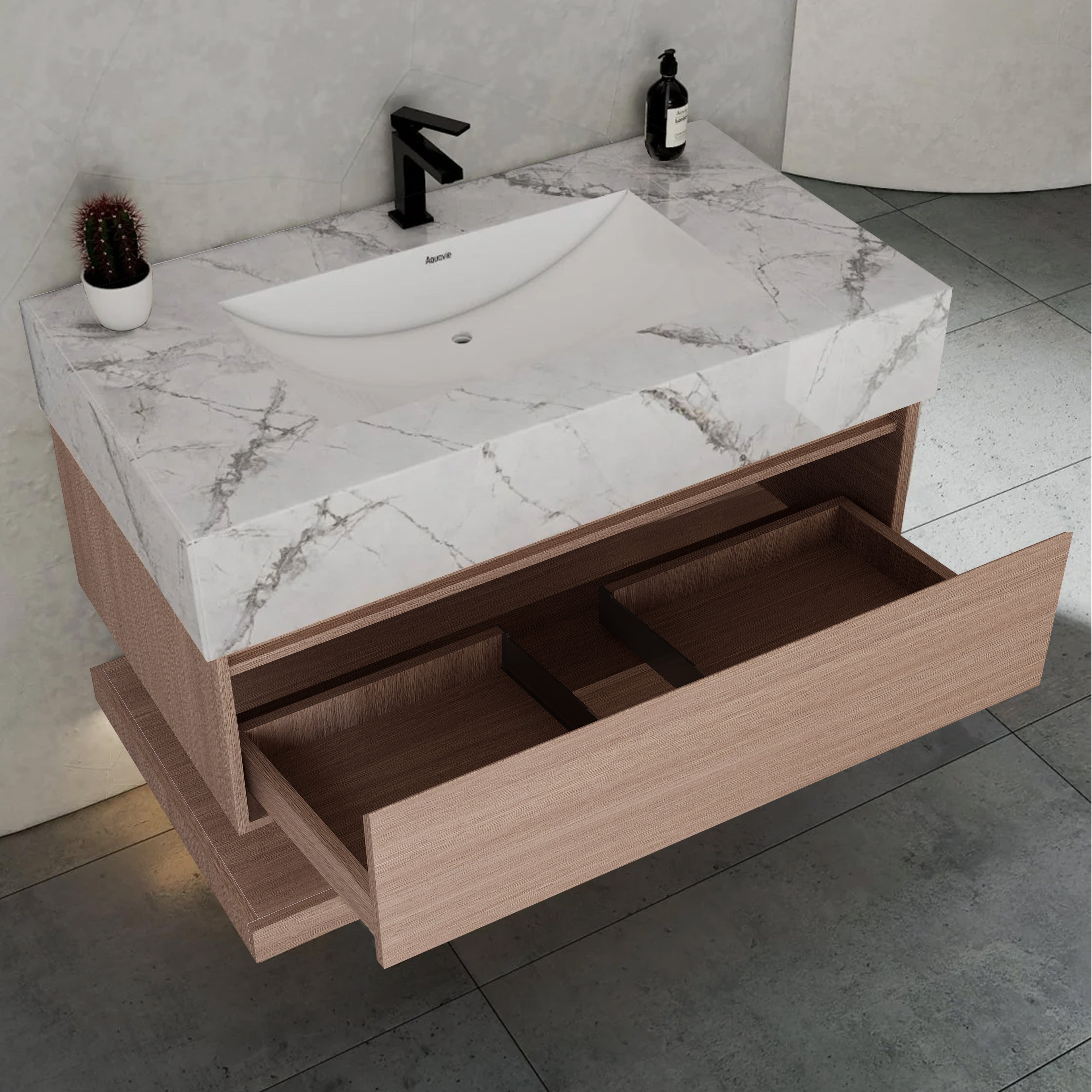 32", 36", 40" Smoked Oak Hotel-Style Floating Bathroom Vanity With Sintered Stone Top