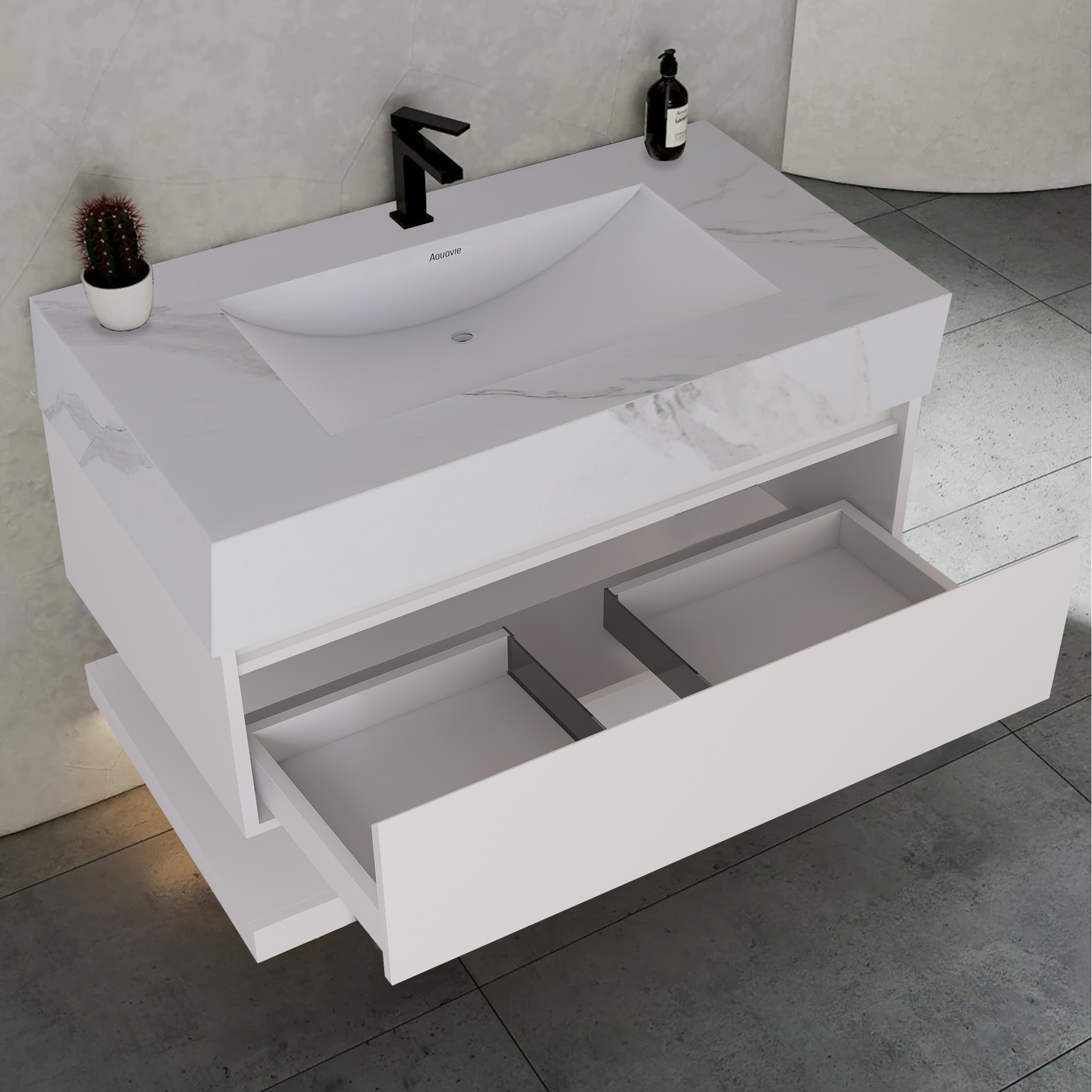32" White Sintered Stone Top with Hotel-Style Floating Bathroom Vanity