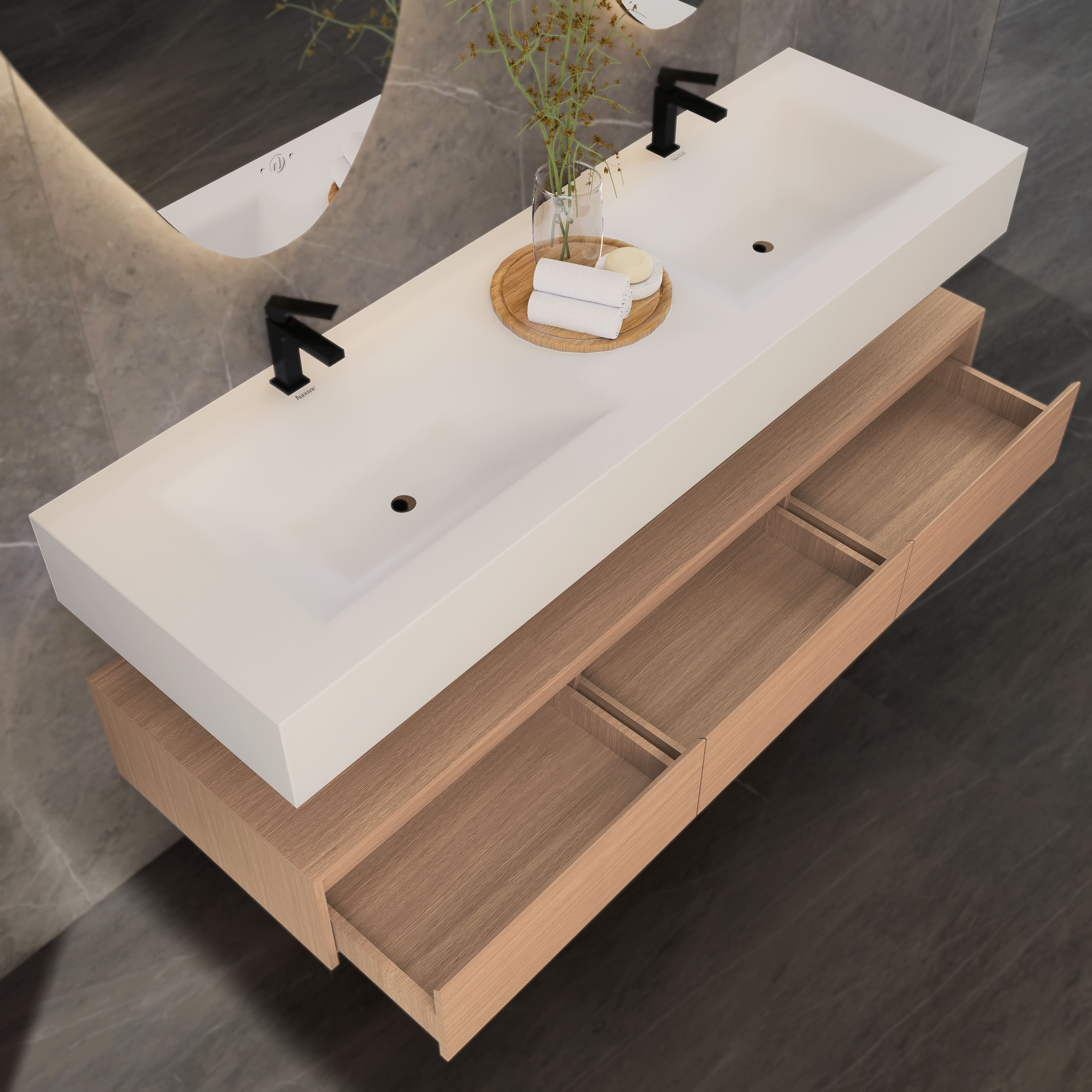 71" Wall Mount Bathroom Vanity - Stone Integrated Basin & Plywood Cabinet