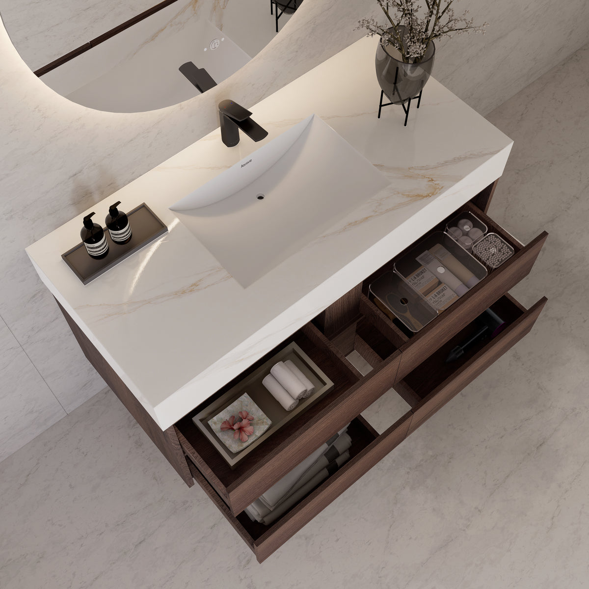 48"，60" Walnut Sintered Stone Top With Four Drawer Floating Bathroom Vanity