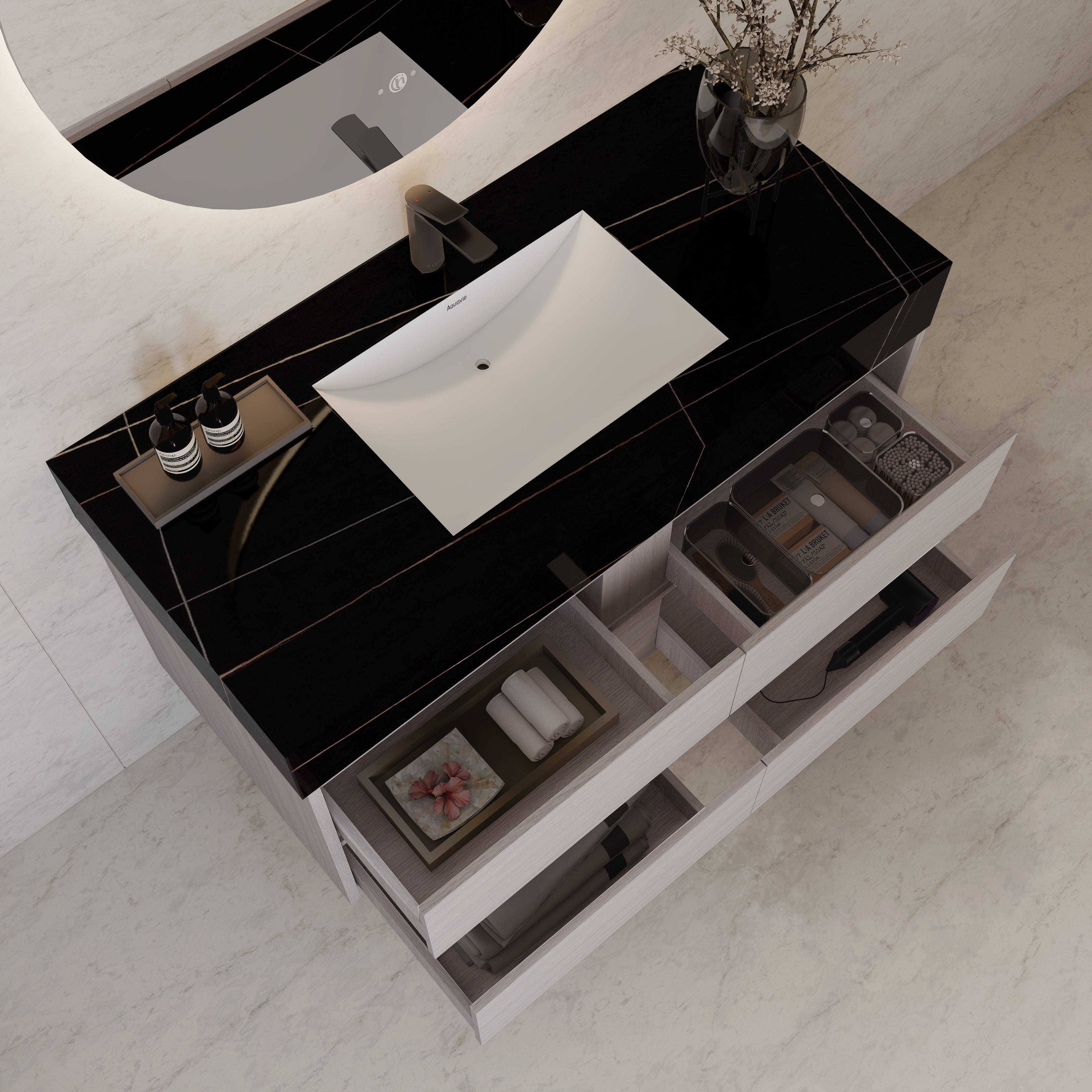 48"，60" White Grey Sintered Stone Top With Four Drawer Floating Bathroom Vanity