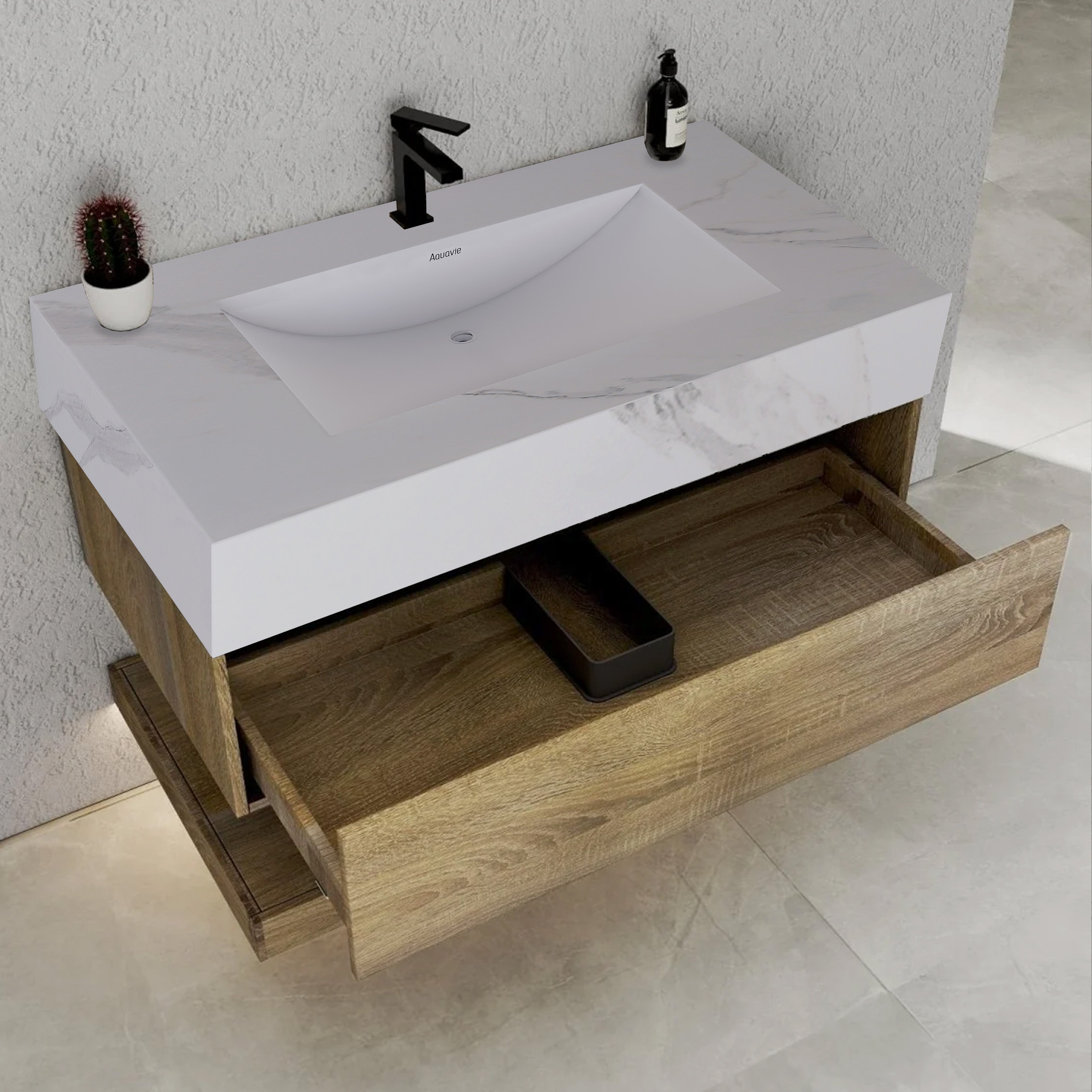 32", 36", 40" Light Oak Hotel-Style Floating Bathroom Vanity With Sintered Stone Top