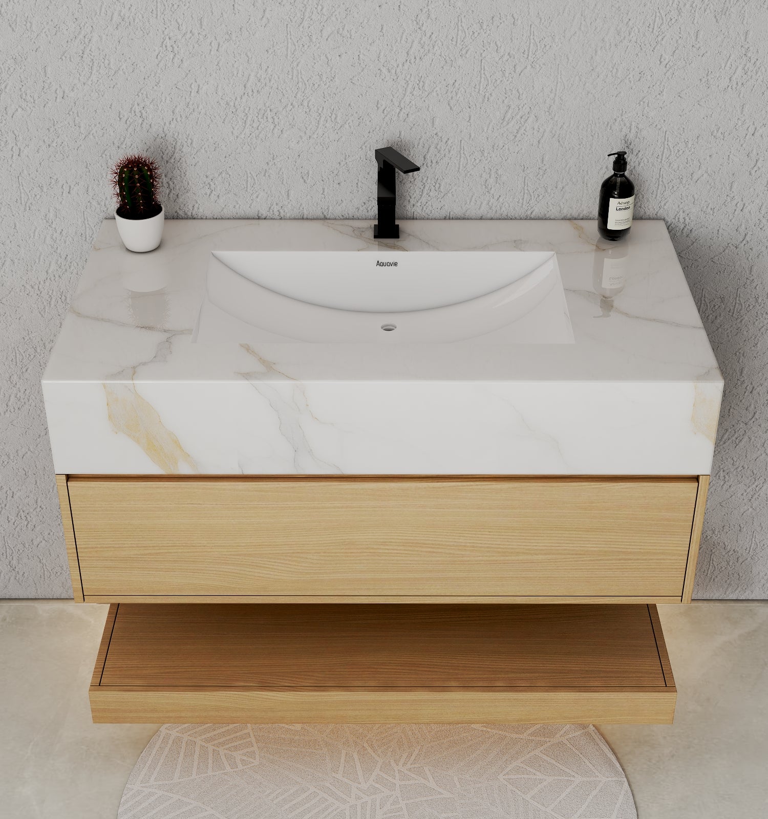 32", 36", 40" Nature Oak Hotel-Style Floating Bathroom Vanity With Sintered Stone Top