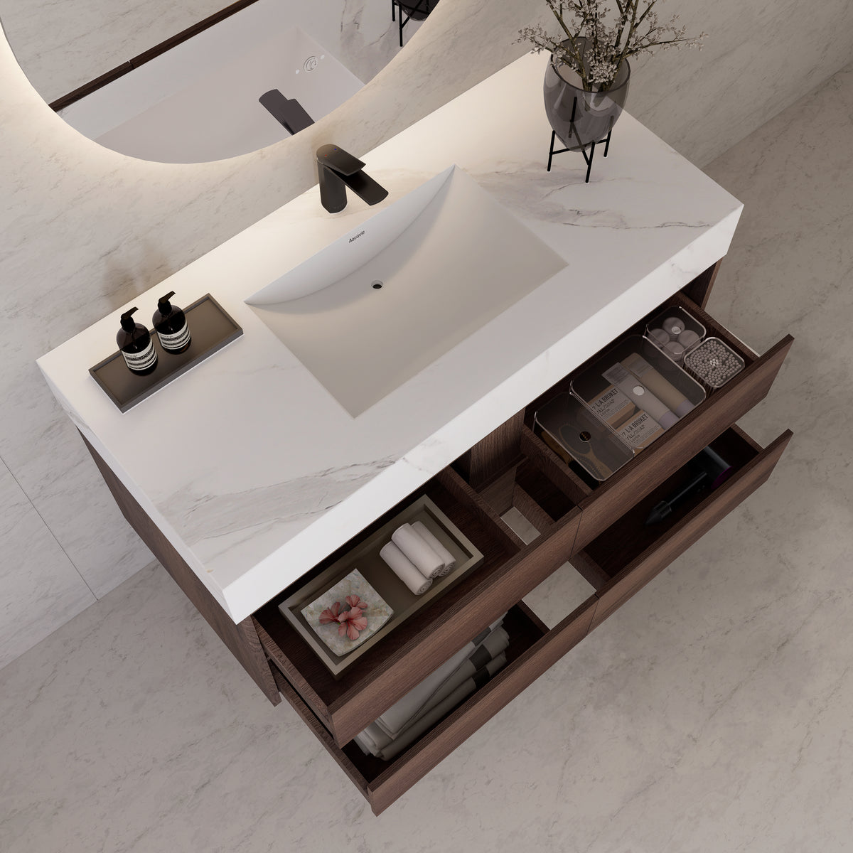 48"，60" Walnut Sintered Stone Top With Four Drawer Floating Bathroom Vanity