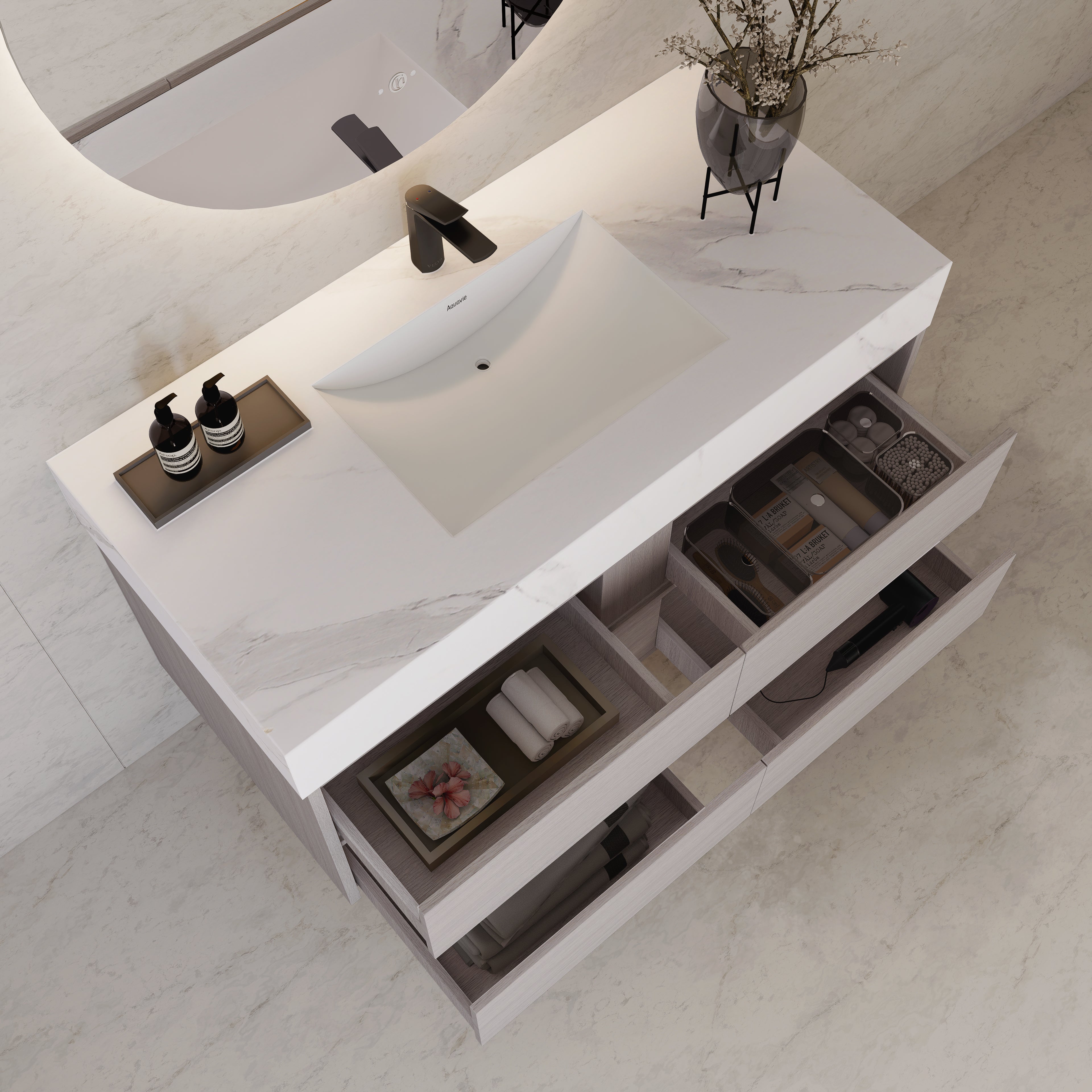 48"，60" White Grey Sintered Stone Top With Four Drawer Floating Bathroom Vanity